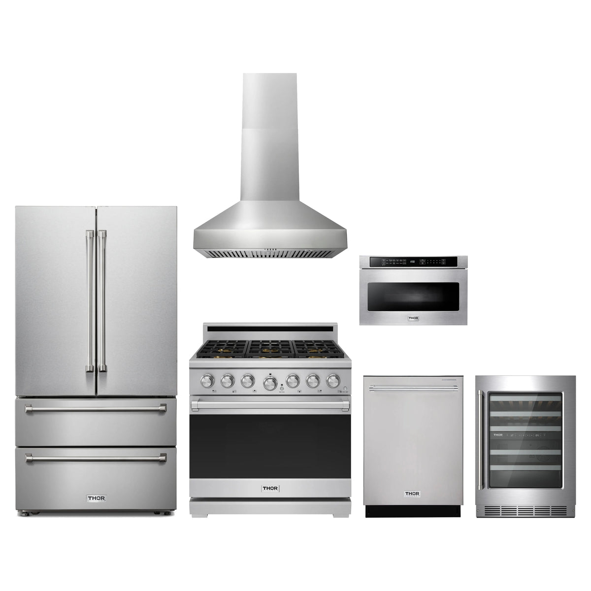 Thor Kitchen 6-Piece Appliance Package - 36-Inch Natural Gas Range, French Door Refrigerator, Wall Mount Hood, Dishwasher, Microwave Drawer, & Wine Cooler in Stainless Steel