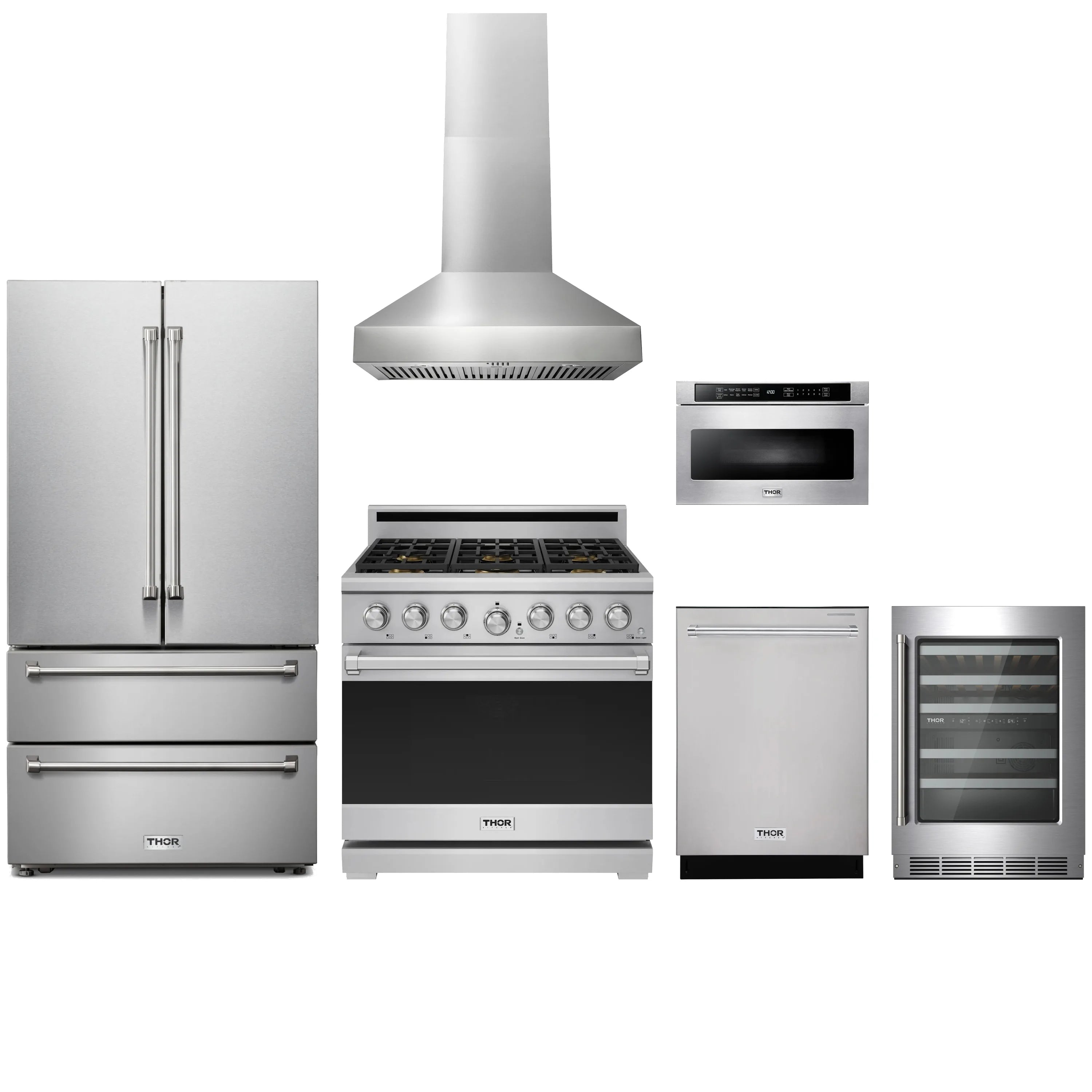 Stainless steel kitchen appliance package with refrigerator, range, hood, dishwasher and microwave drawer