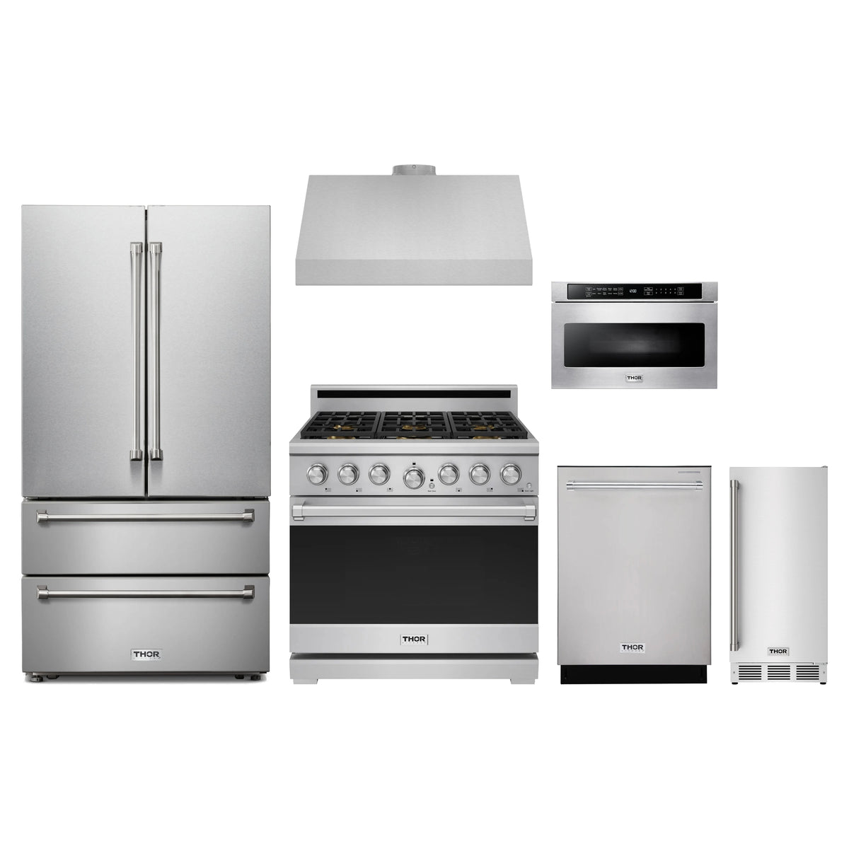 Thor Kitchen 6-Piece Appliance Package - 36-Inch Propane Gas Range, French Door Refrigerator, Under Cabinet Hood, Dishwasher, Microwave Drawer, & Ice Maker in Stainless Steel