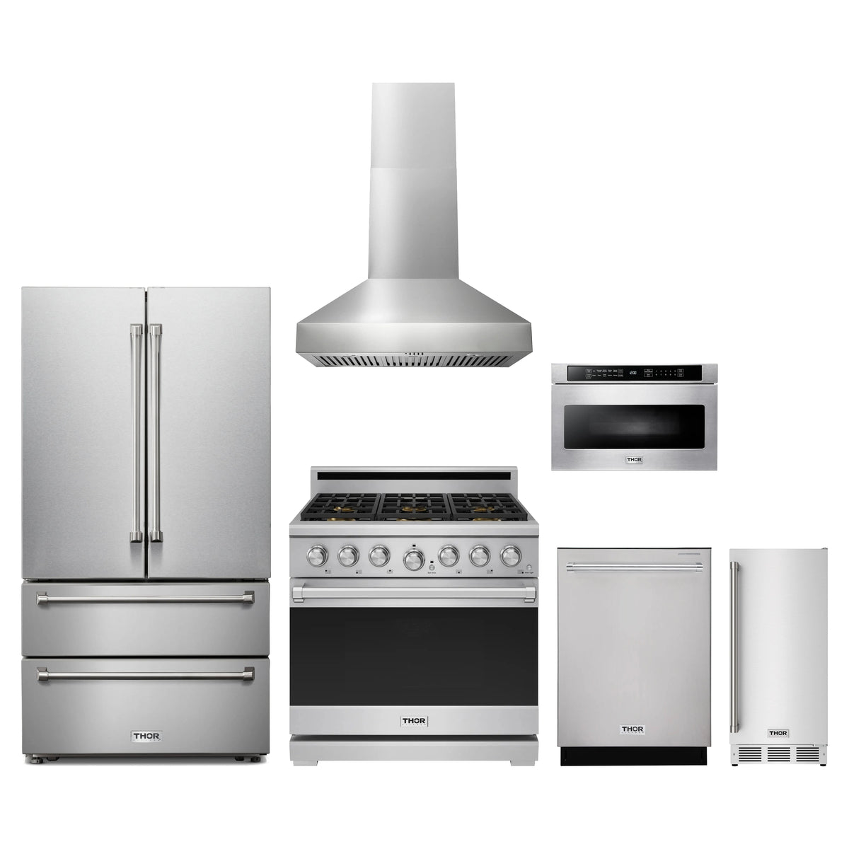 Thor Kitchen 6-Piece Appliance Package - 36-Inch Propane Gas Range, French Door Refrigerator, Wall Mount Hood, Dishwasher, Microwave Drawer, & Ice Maker in Stainless Steel
