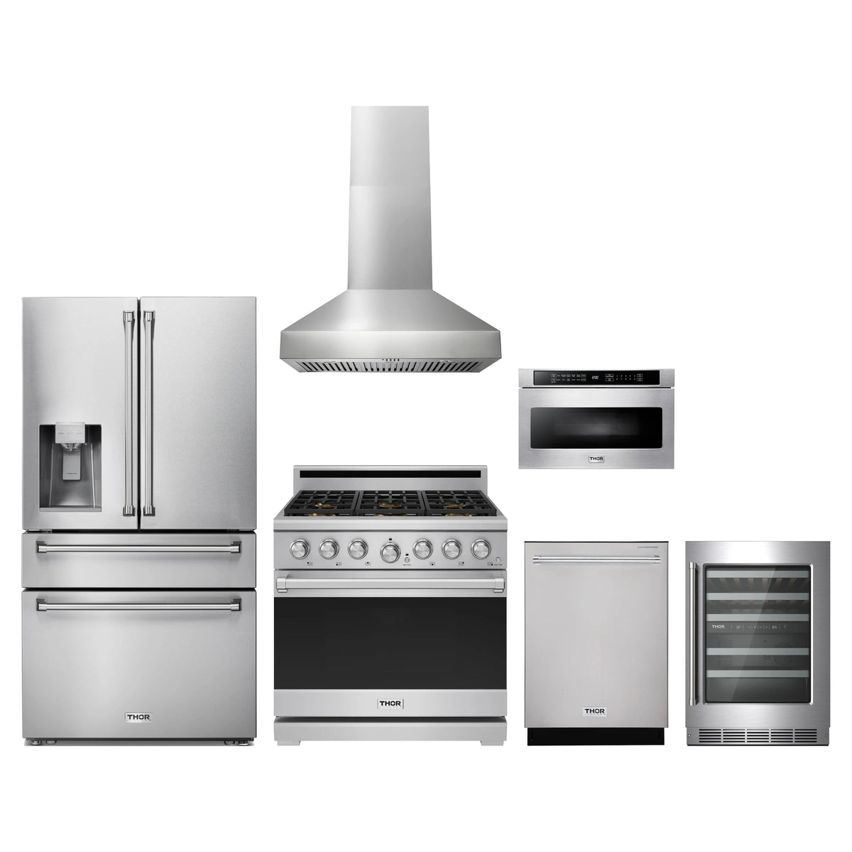 Thor Kitchen 6-Piece Appliance Package - 36-Inch Propane Gas Range, Refrigerator with Water Dispenser, Wall Mount Hood, Dishwasher, Microwave Drawer, & Wine Cooler in Stainless Steel