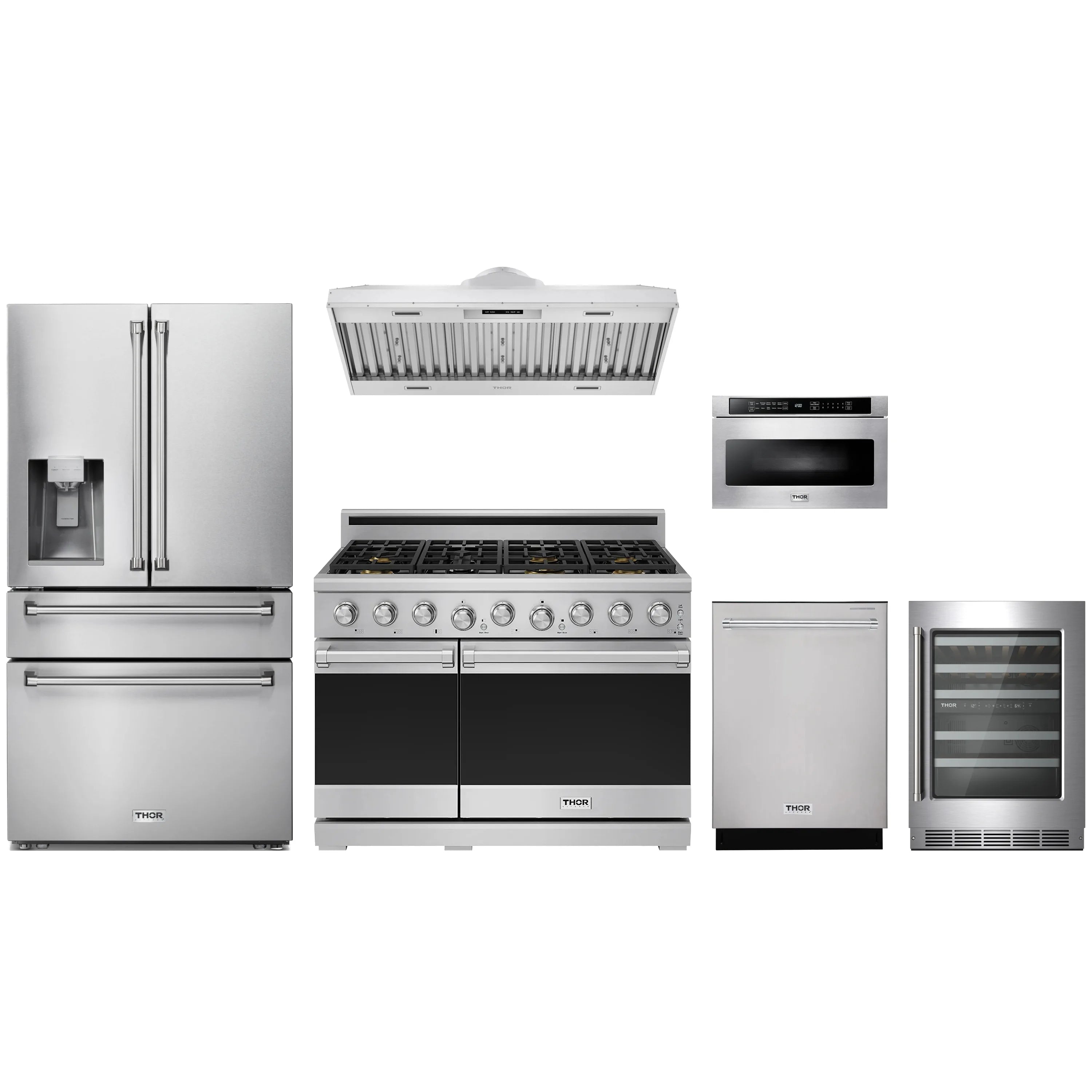 Stainless steel appliance package with gas range, hood, refrigerator, dishwasher, microwave drawer