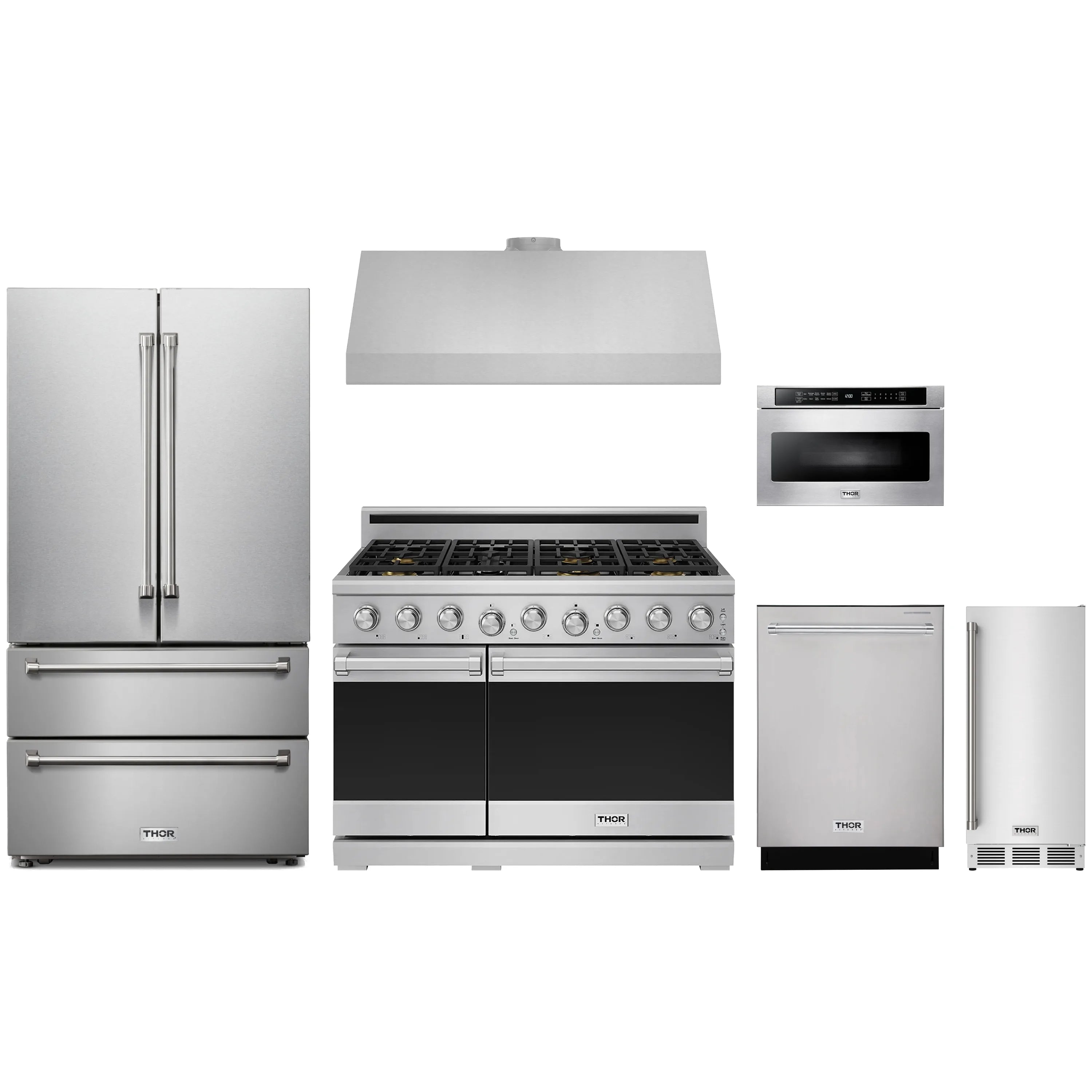 Stainless appliance package featuring a gas range, hood, refrigerator, and dishwasher