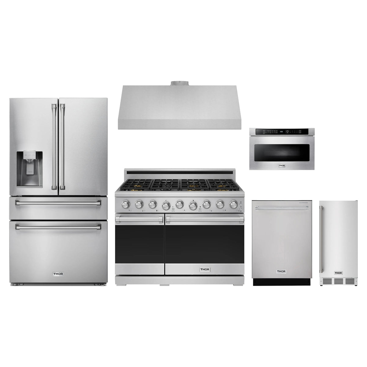 Thor Kitchen 6-Piece Appliance Package - 48-Inch Natural Gas Range, Refrigerator with Water Dispenser, Under Cabinet Hood, Dishwasher, Microwave Drawer, & Ice Maker in Stainless Steel
