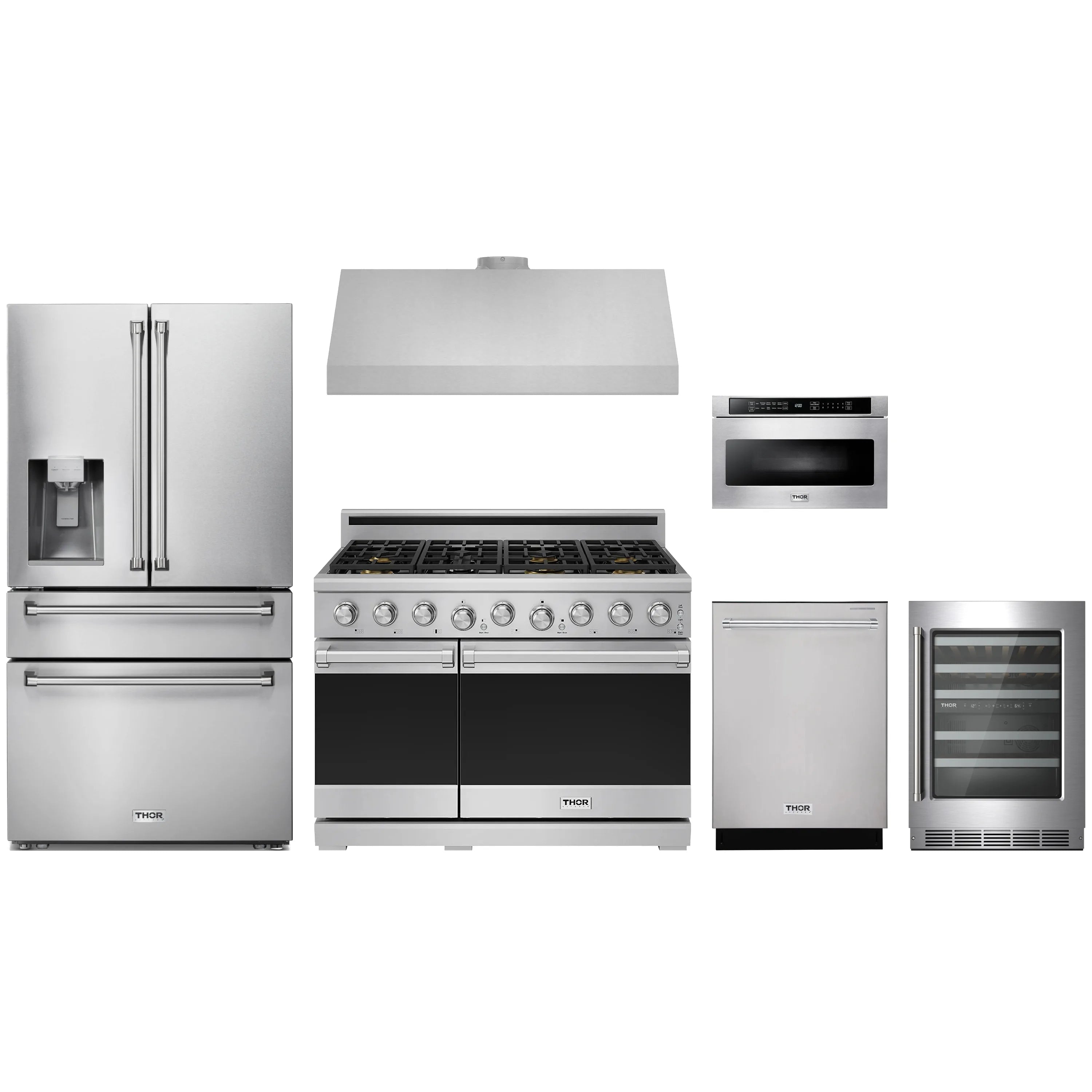 Stainless steel appliance package with refrigerator, gas range, hood, dishwasher, and more