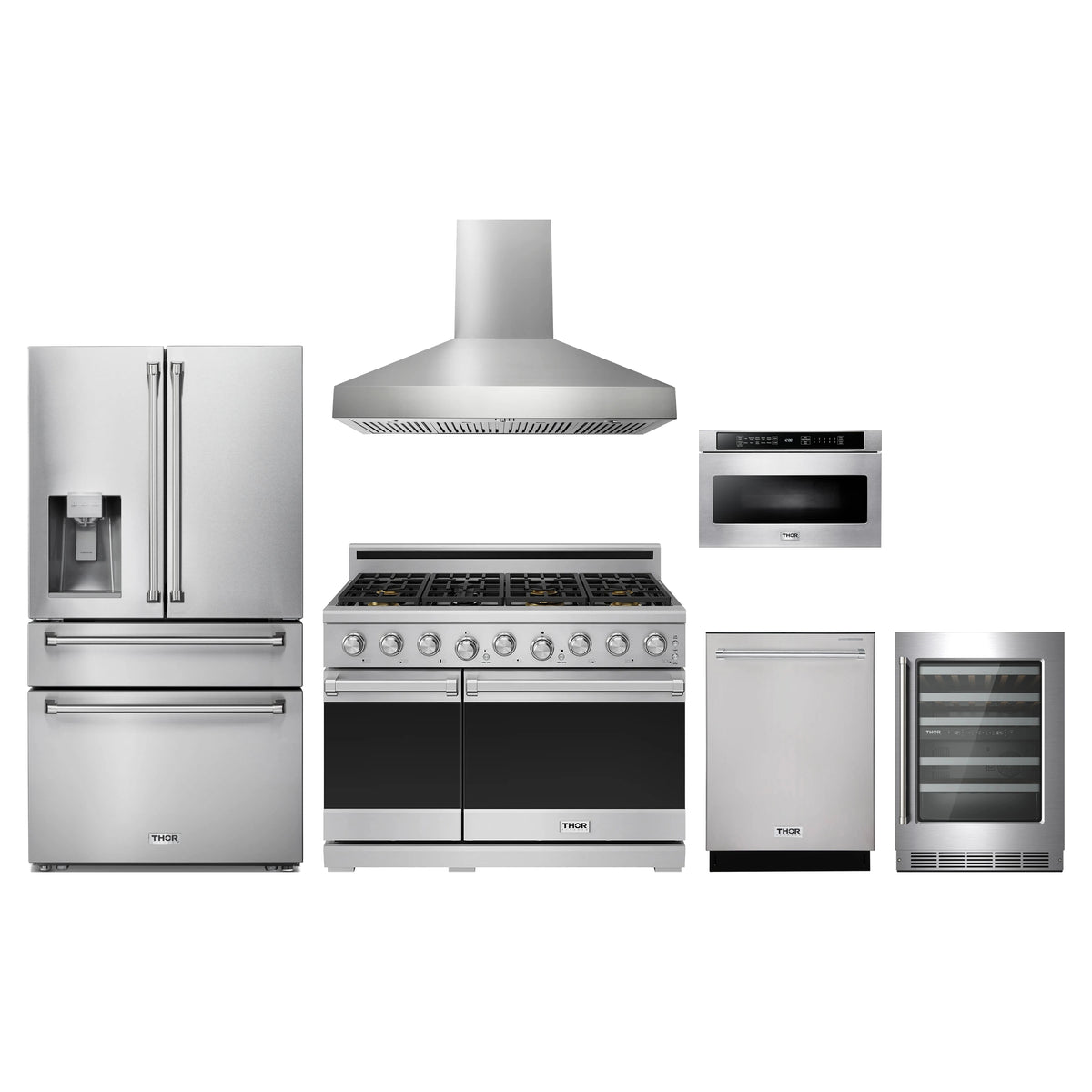 Thor Kitchen 6-Piece Appliance Package - 48-Inch Natural Gas Range, Refrigerator with Water Dispenser, Wall Mount Hood, Dishwasher, Microwave Drawer, & Wine Cooler in Stainless Steel