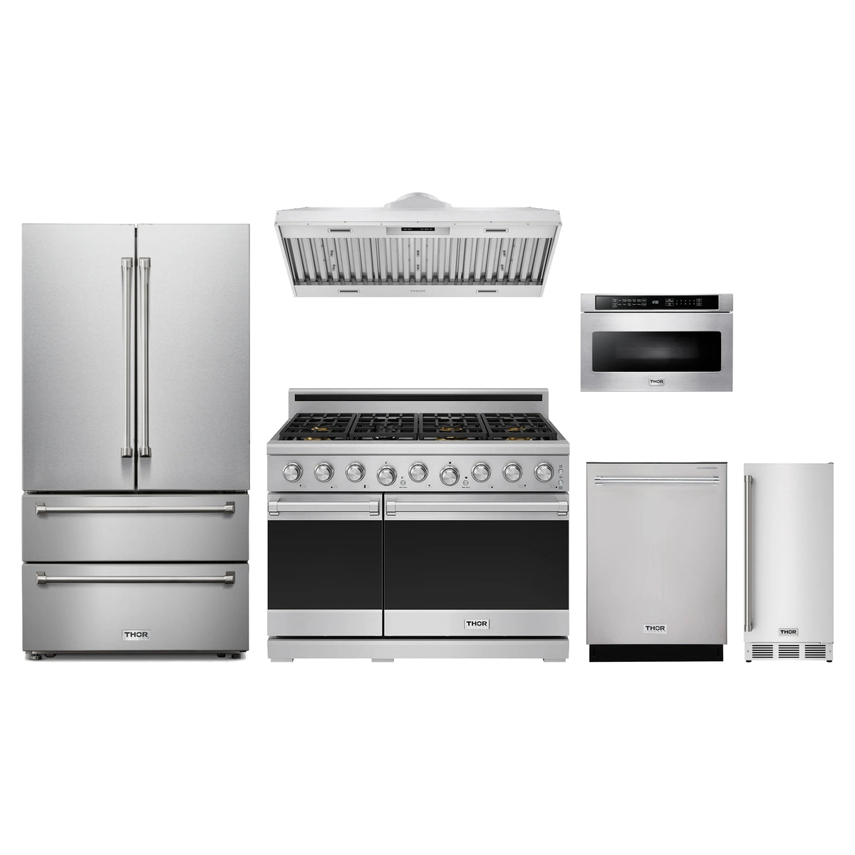 Thor Kitchen 6-Piece Appliance Package - 48-Inch Propane Gas Range, French Door Refrigerator, Hood Insert, Dishwasher, Microwave Drawer, & Ice Maker in Stainless Steel