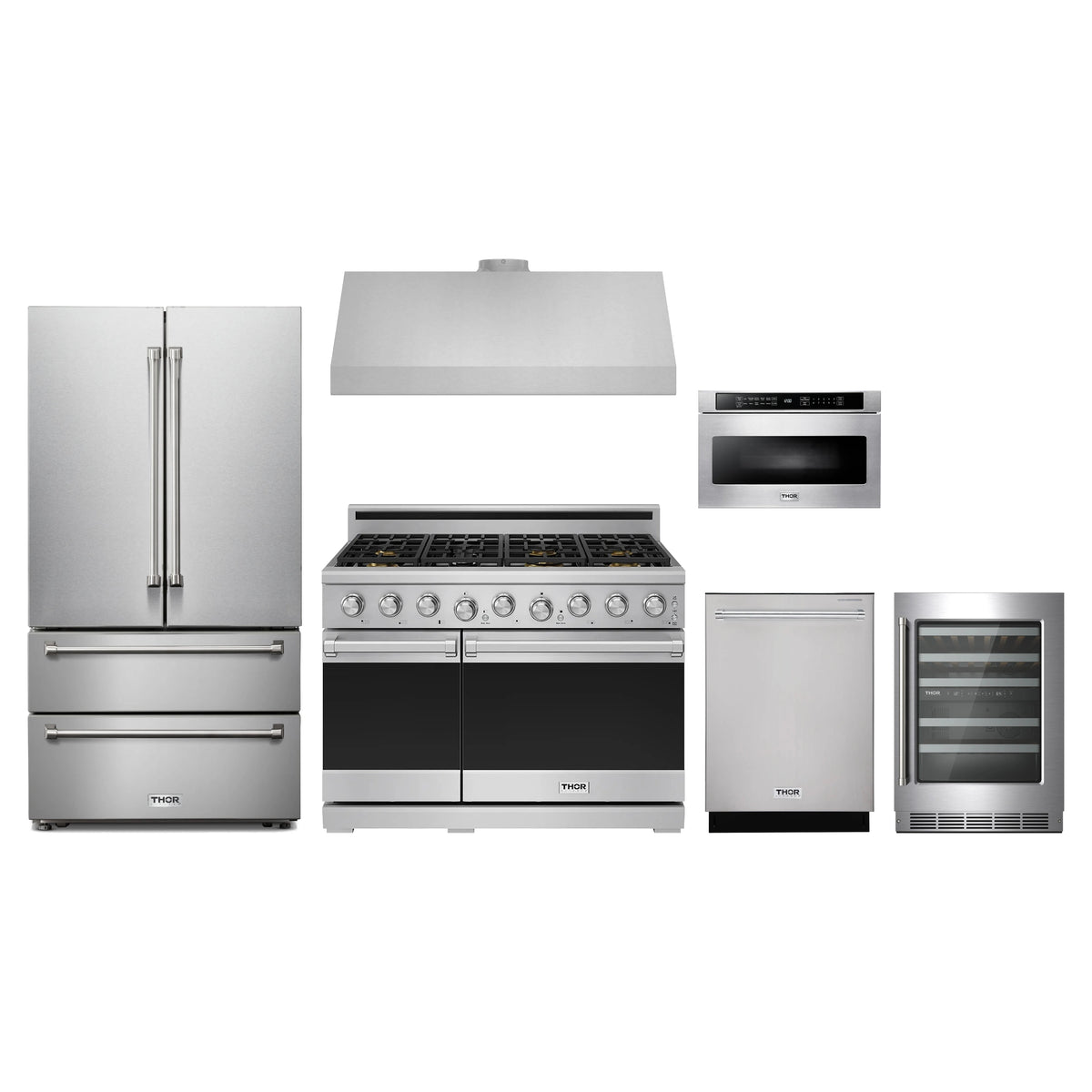 Thor Kitchen 6-Piece Appliance Package - 48-Inch Propane Gas Range, French Door Refrigerator, Under Cabinet Hood, Dishwasher, Microwave Drawer, & Wine Cooler in Stainless Steel