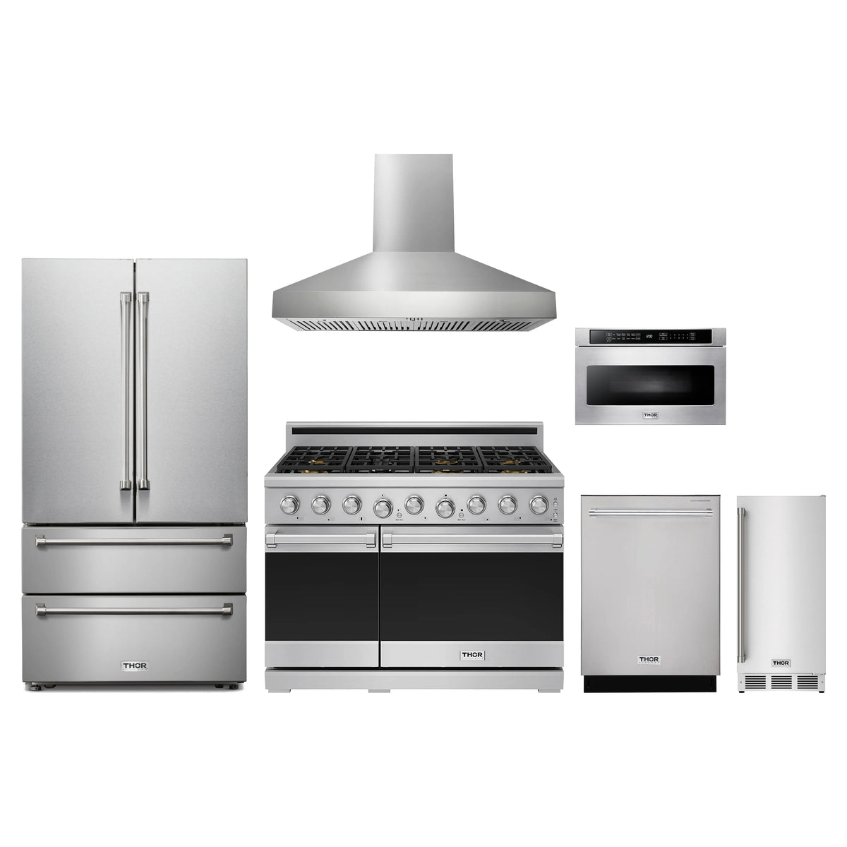 Thor Kitchen 6-Piece Appliance Package - 48-Inch Propane Gas Range, French Door Refrigerator, Wall Mount Hood, Dishwasher, Microwave Drawer, & Ice Maker in Stainless Steel