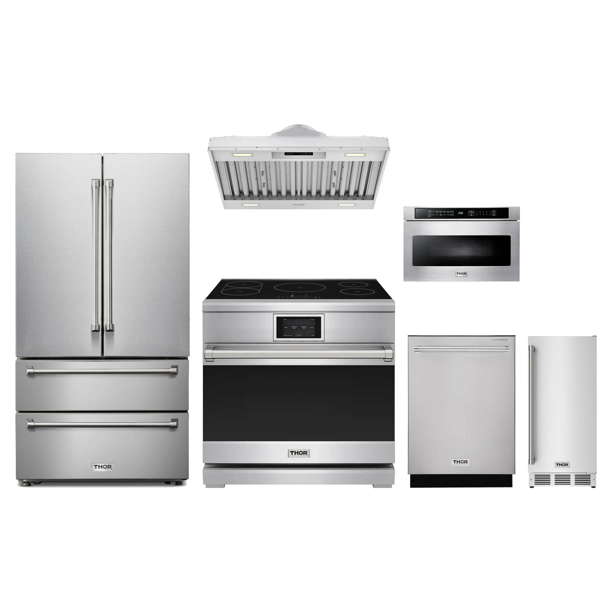 Thor Kitchen 6-Piece Appliance Package - 36-Inch Induction Range, French Door Refrigerator, Hood Insert, Dishwasher, Microwave Drawer, & Ice Maker in Stainless Steel