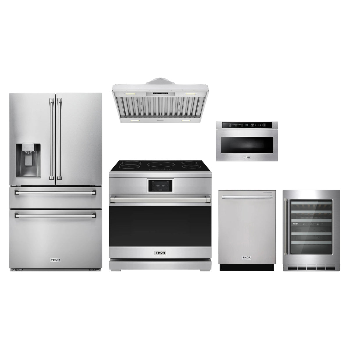 Thor Kitchen 6-Piece Appliance Package - 36-Inch Induction Range, Refrigerator with Water Dispenser, Hood Insert, Dishwasher, Microwave Drawer, & Wine Cooler in Stainless Steel