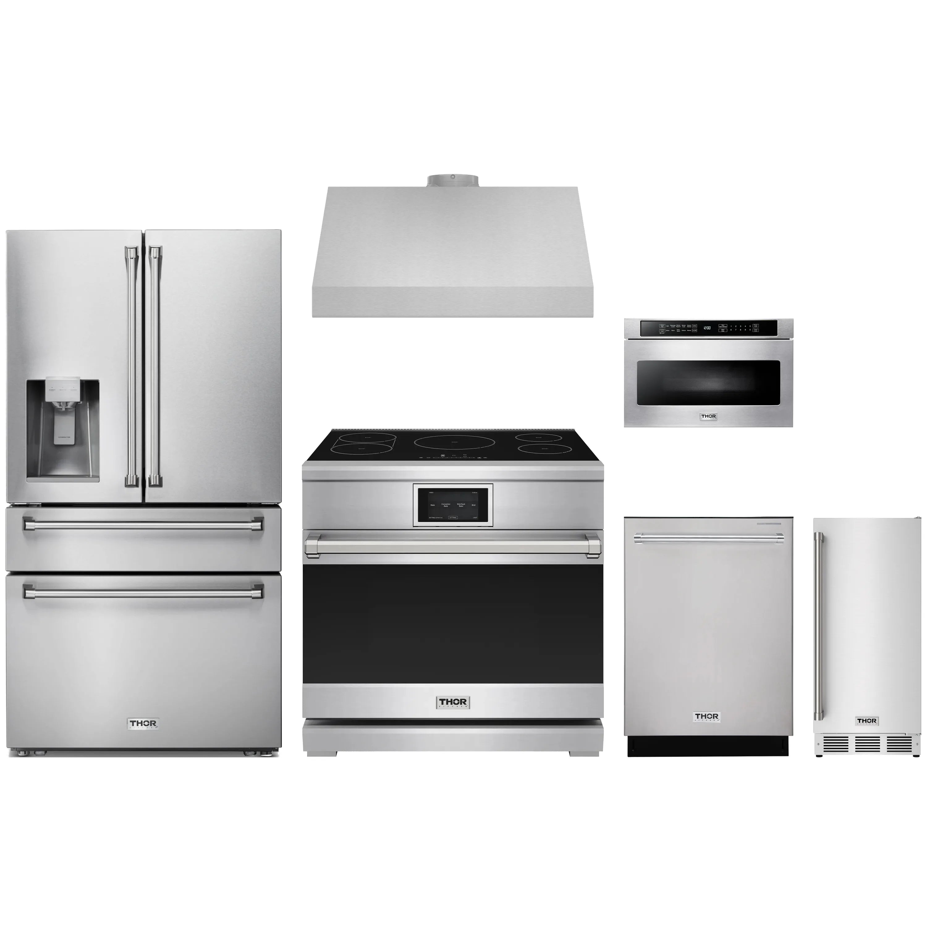 Stainless steel 6-piece kitchen appliance package with refrigerator, induction range, hood, dishwasher, microwave