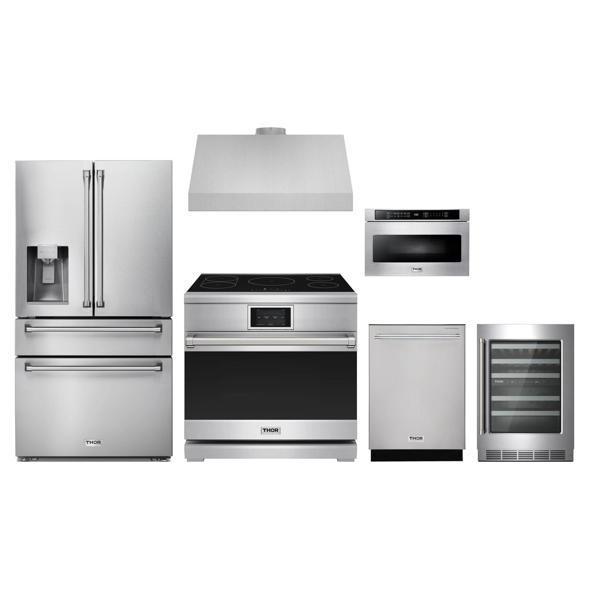 Thor Kitchen 6-Piece Appliance Package - 36-Inch Induction Range, Refrigerator with Water Dispenser, Under Cabinet Hood, Dishwasher, Microwave Drawer, & Wine Cooler in Stainless Steel