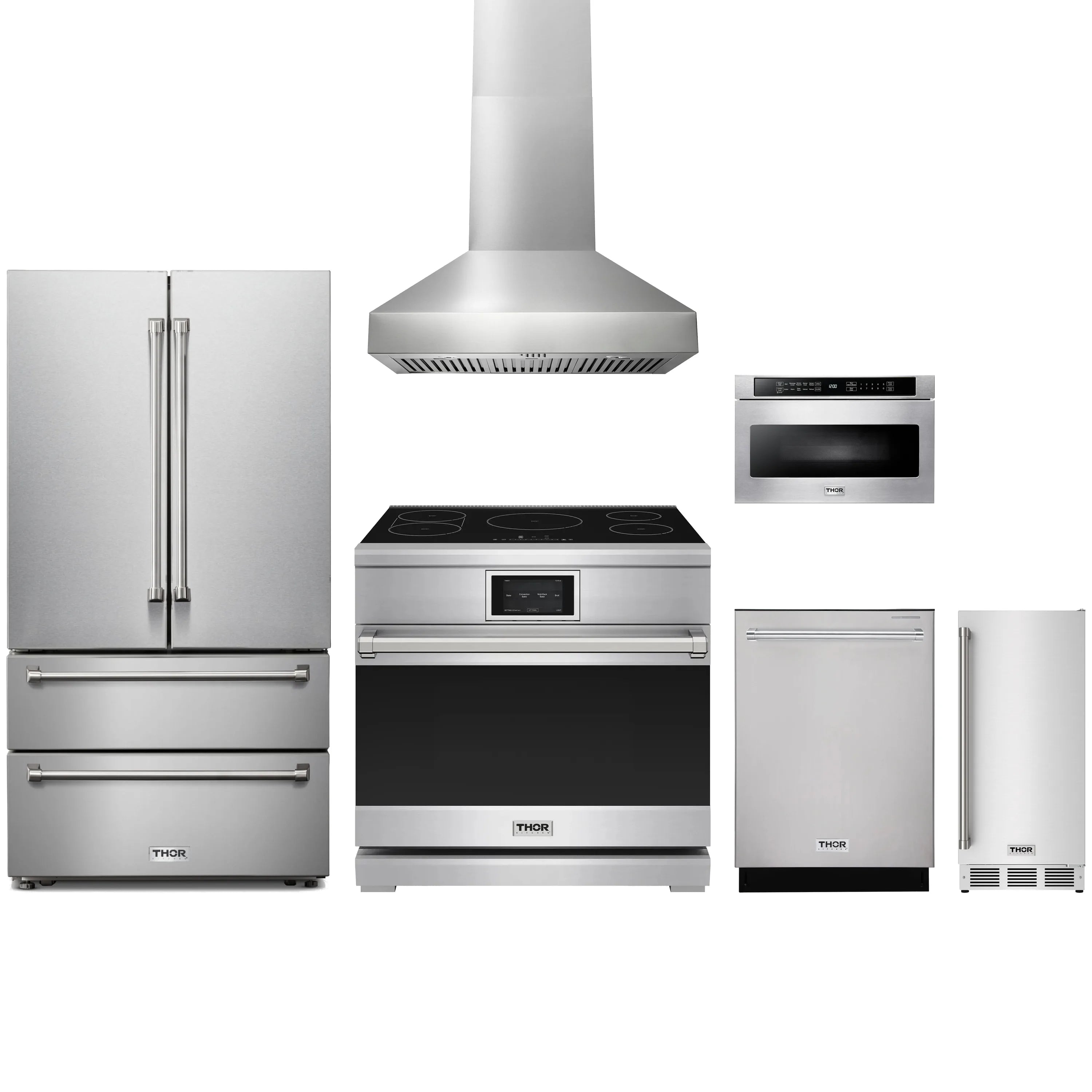 Stainless steel appliance package with induction range, hood, refrigerator, dishwasher, microwave