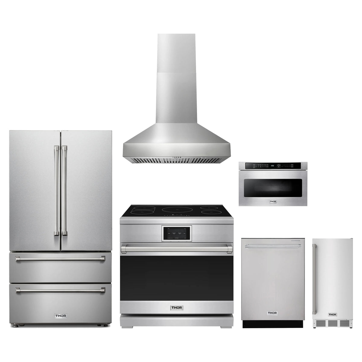 Thor Kitchen 6-Piece Appliance Package - 36-Inch Induction Range, French Door Refrigerator, Wall Mount Hood, Dishwasher, Microwave Drawer, & Ice Maker in Stainless Steel