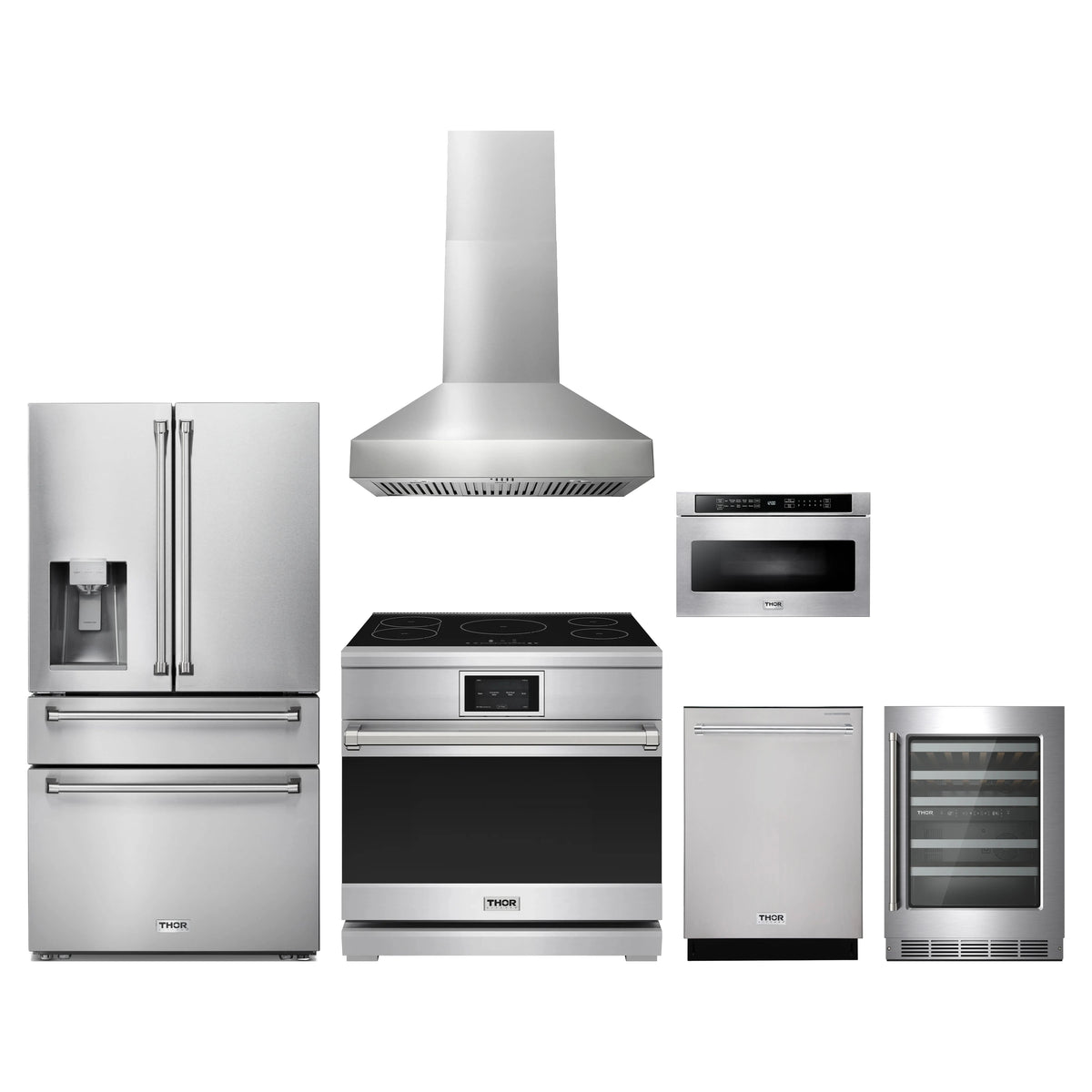 Thor Kitchen 6-Piece Appliance Package - 36-Inch Induction Range, Refrigerator with Water Dispenser, Wall Mount Hood, Dishwasher, Microwave Drawer, & Wine Cooler in Stainless Steel