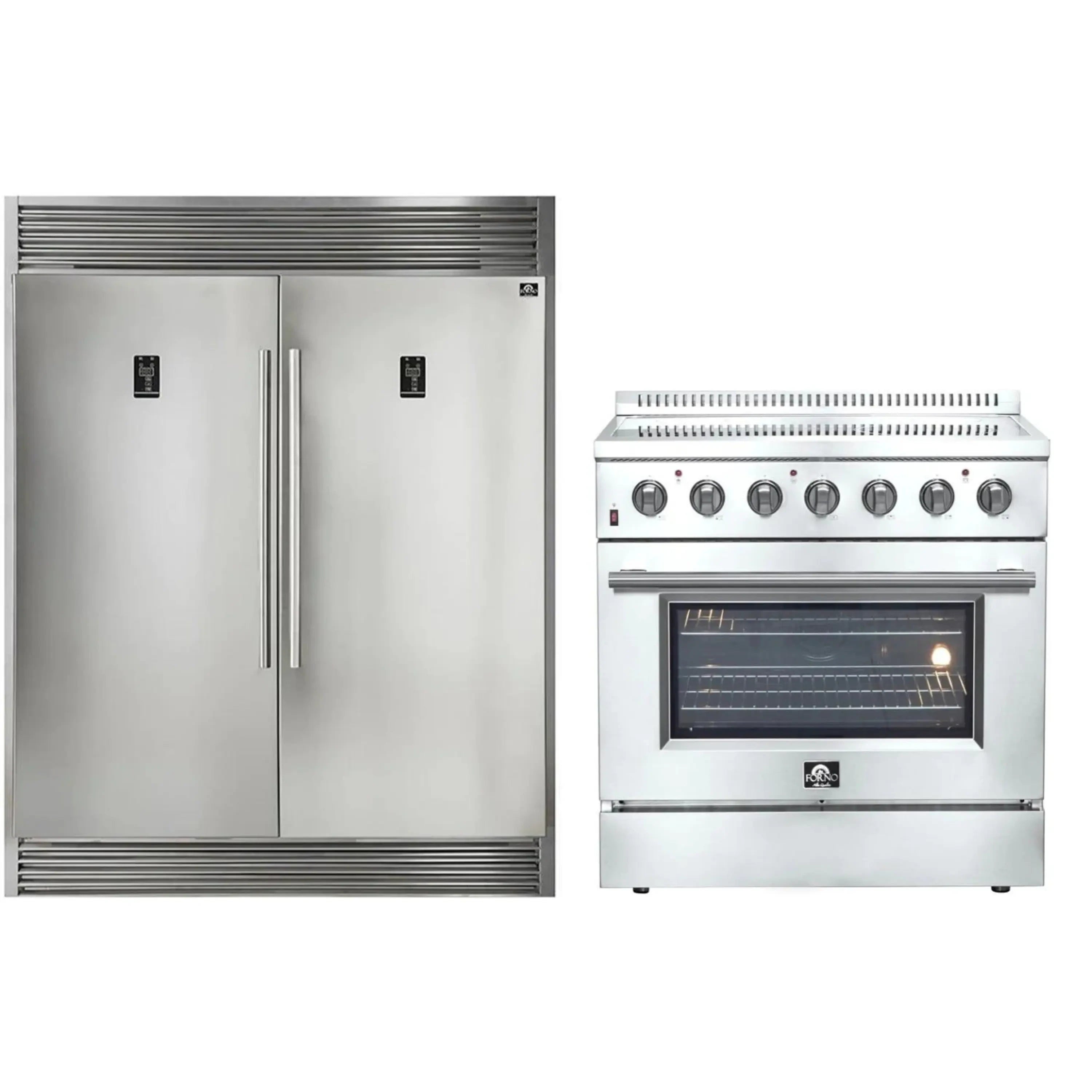 Stainless steel refrigerator and 36-inch electric range set with oven door and knobs