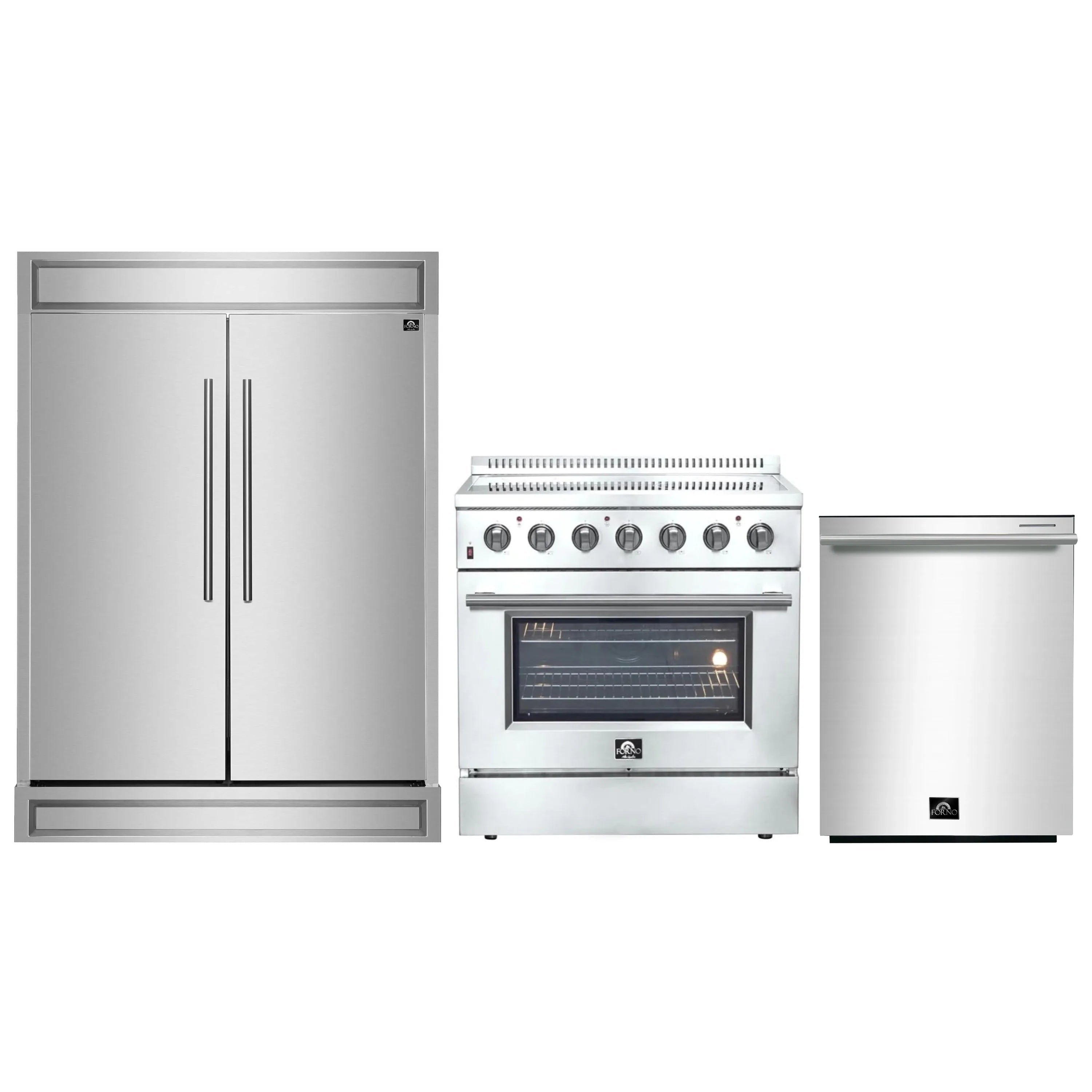 Stainless steel appliance package with electric range, refrigerator, and dishwasher