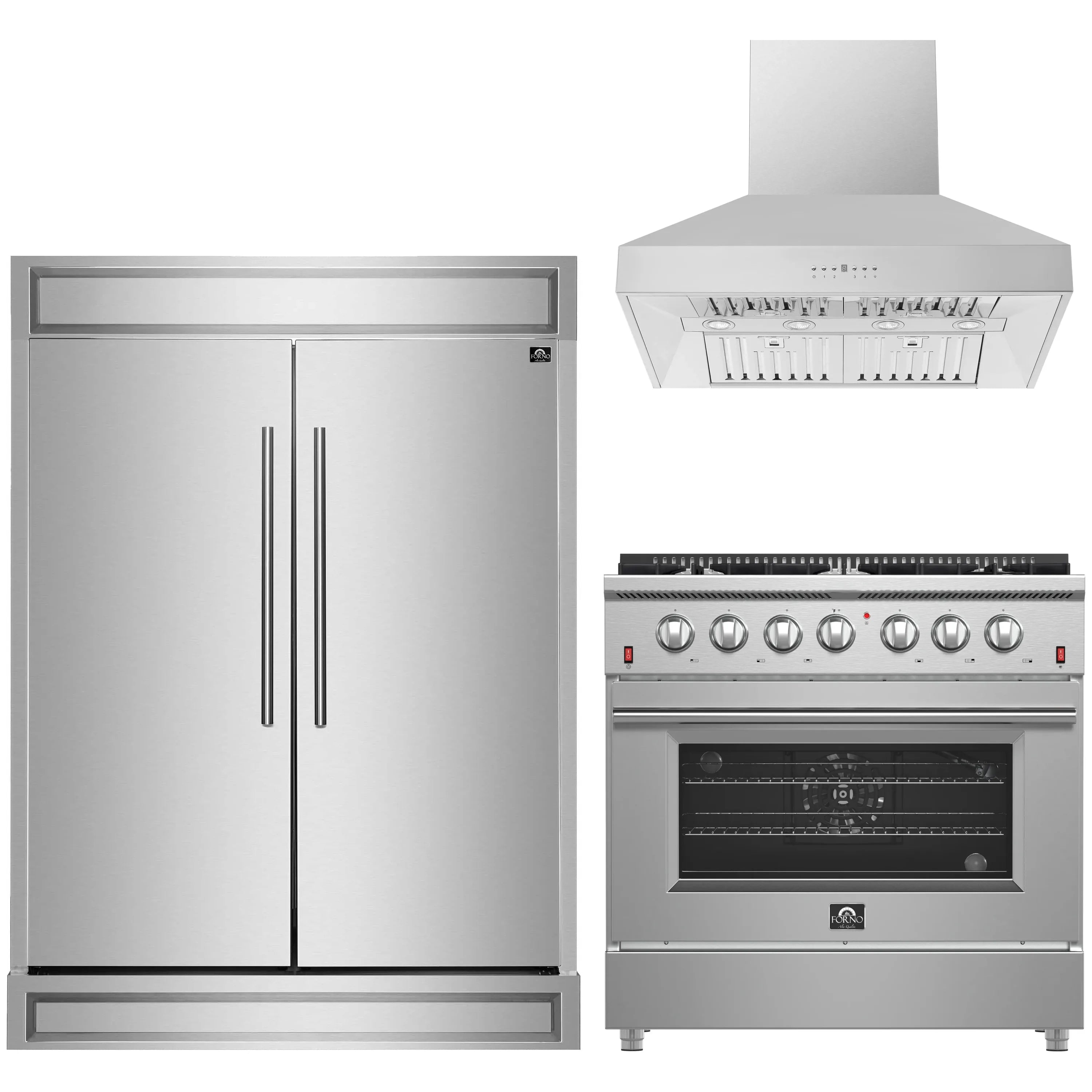 Stainless steel appliance package featuring refrigerator, gas range, and wall hood