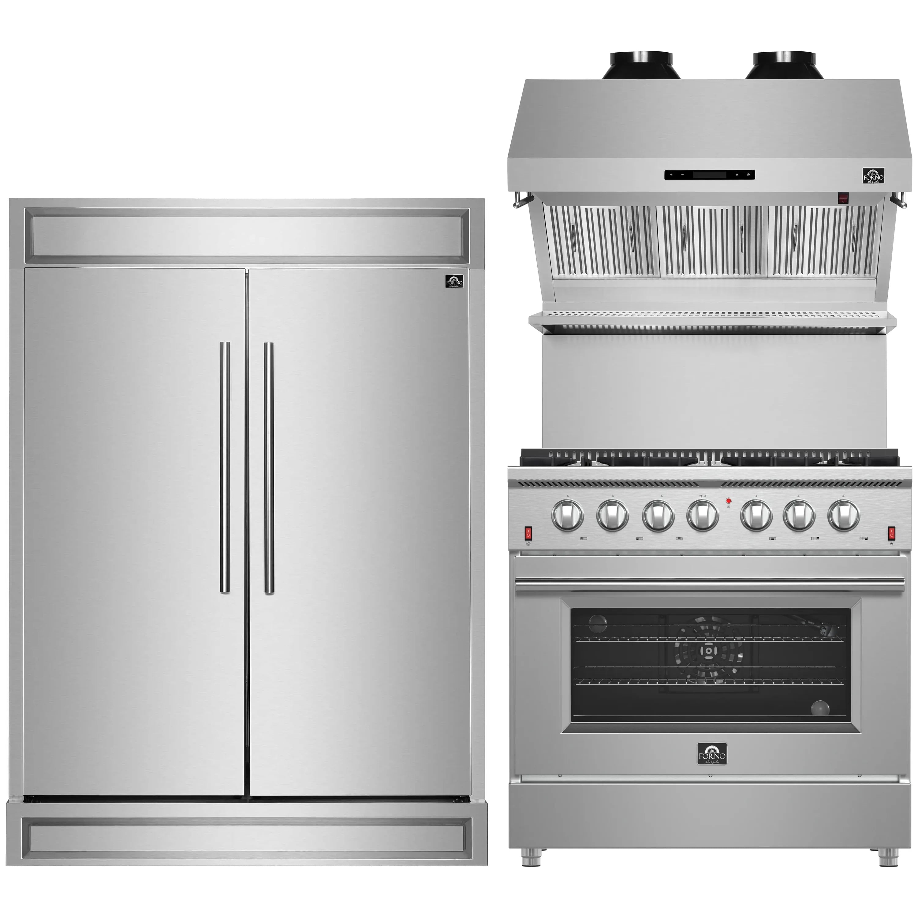 Stainless steel appliance set with refrigerator, hood, and gas range
