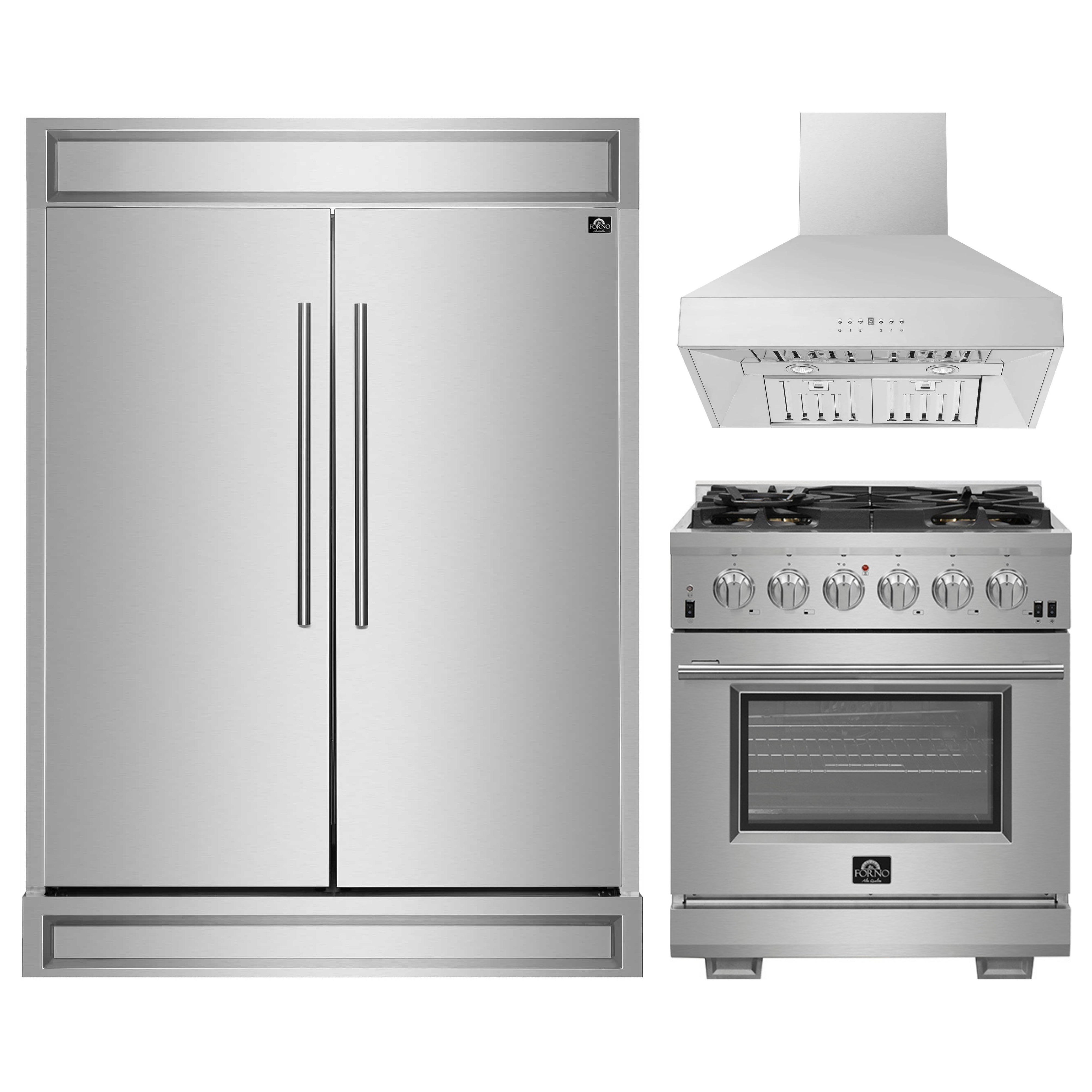 Stainless steel refrigerator, gas range oven, and wall mount hood set