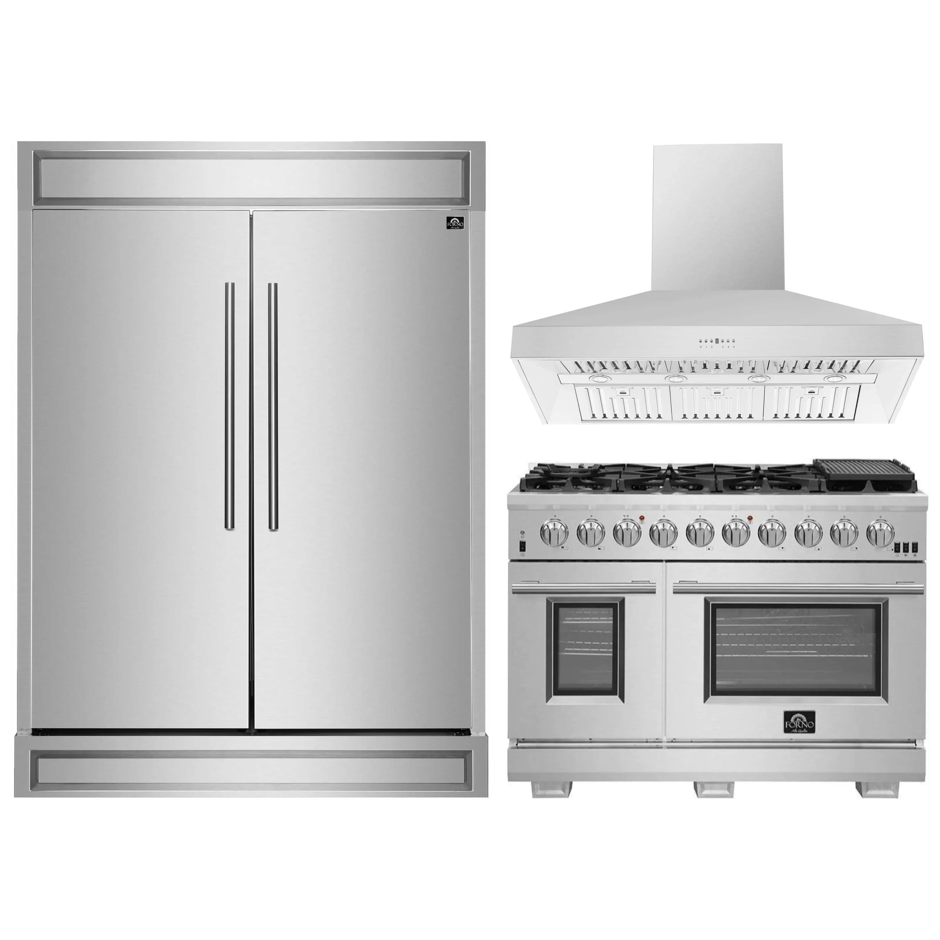 Stainless steel refrigerator, pro-style gas range and wall-mount hood bundle