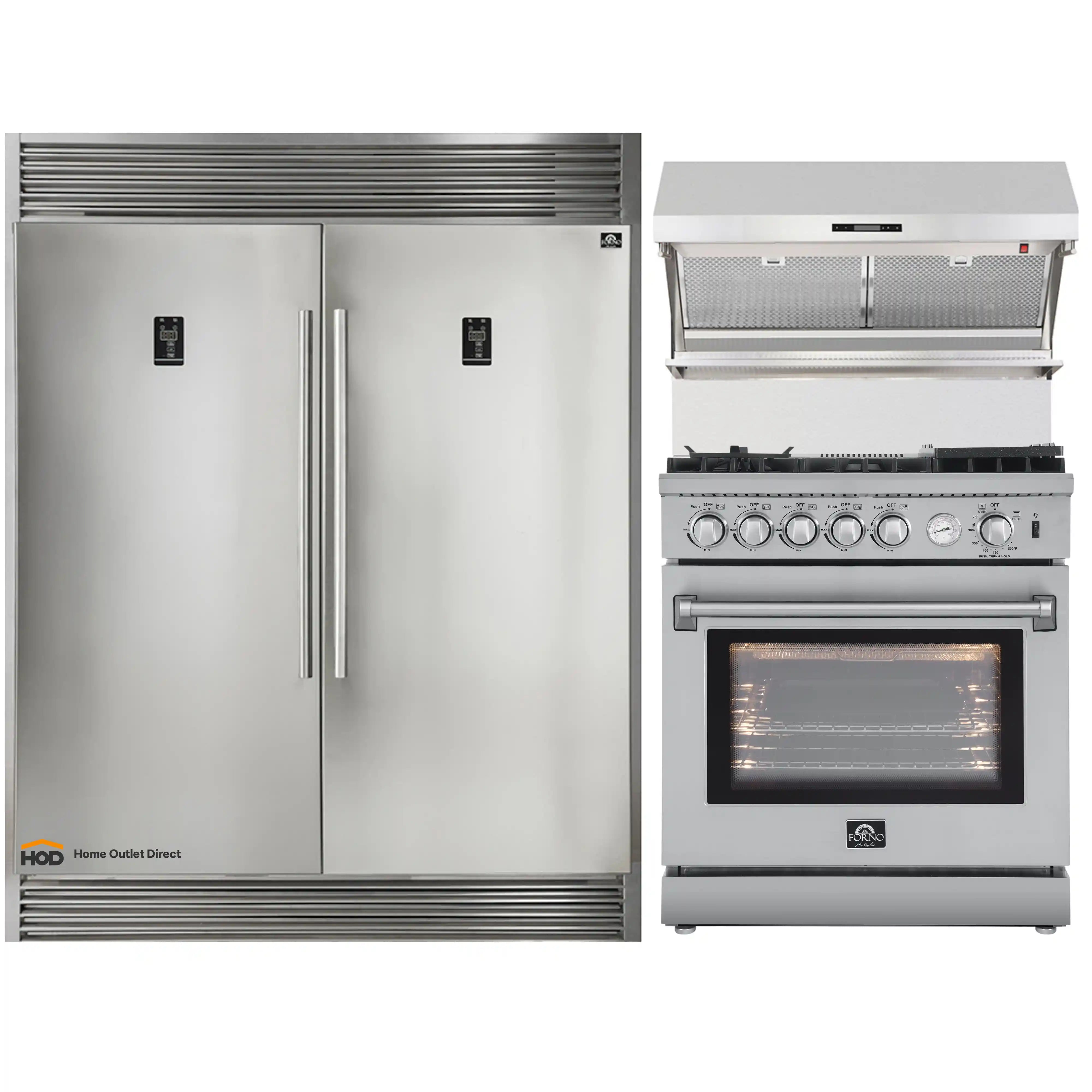 Stainless steel appliance set: refrigerator, wall hood, and gas range with knobs