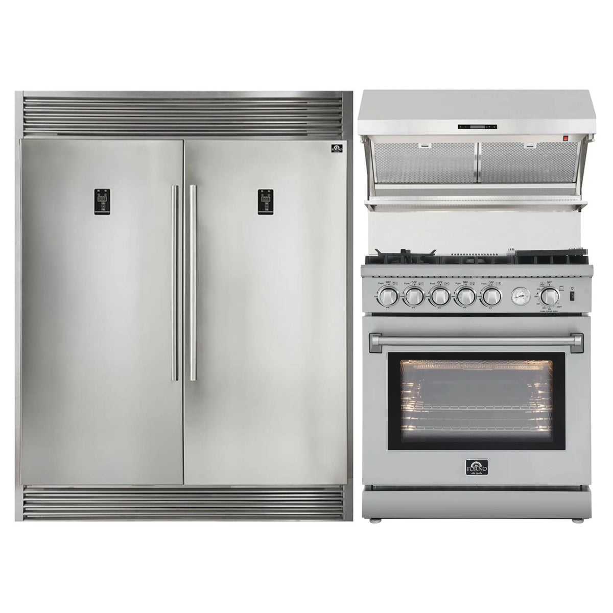 Forno 3-Piece Appliance Package - 30-Inch Gas Range with Air Fryer, 60-Inch Pro-Style Refrigerator & Wall Mount Hood with Backsplash in Stainless Steel