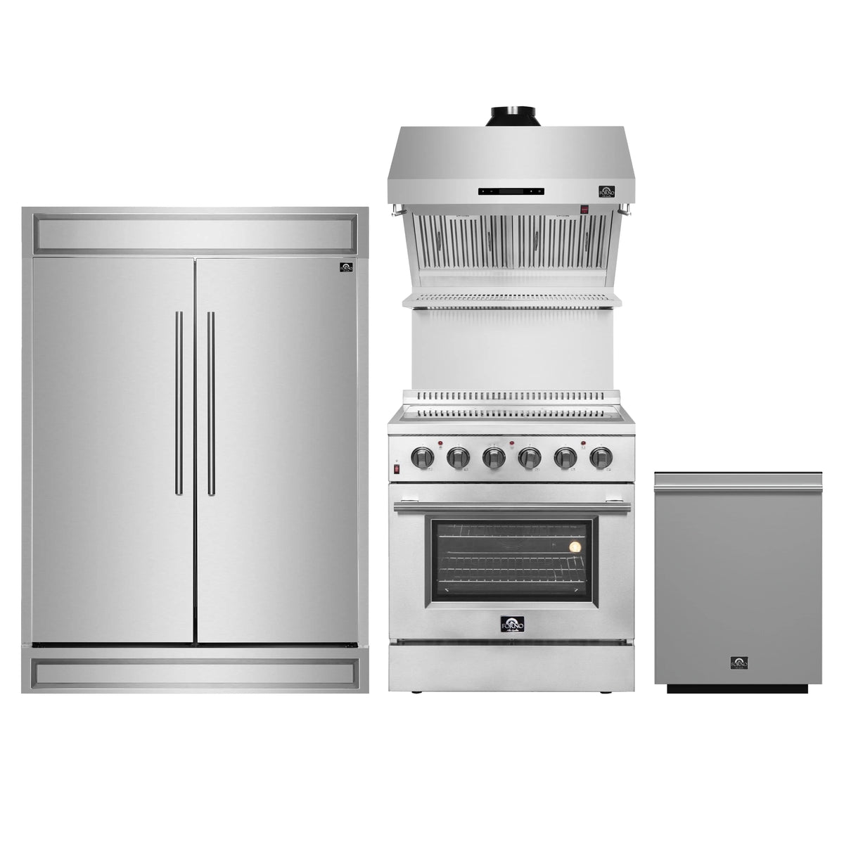 Forno 4-Piece Appliance Package - 30-Inch Electric Range, Wall Mount Range Hood with Backsplash, Pro-Style Refrigerator, and Dishwasher in Stainless Steel