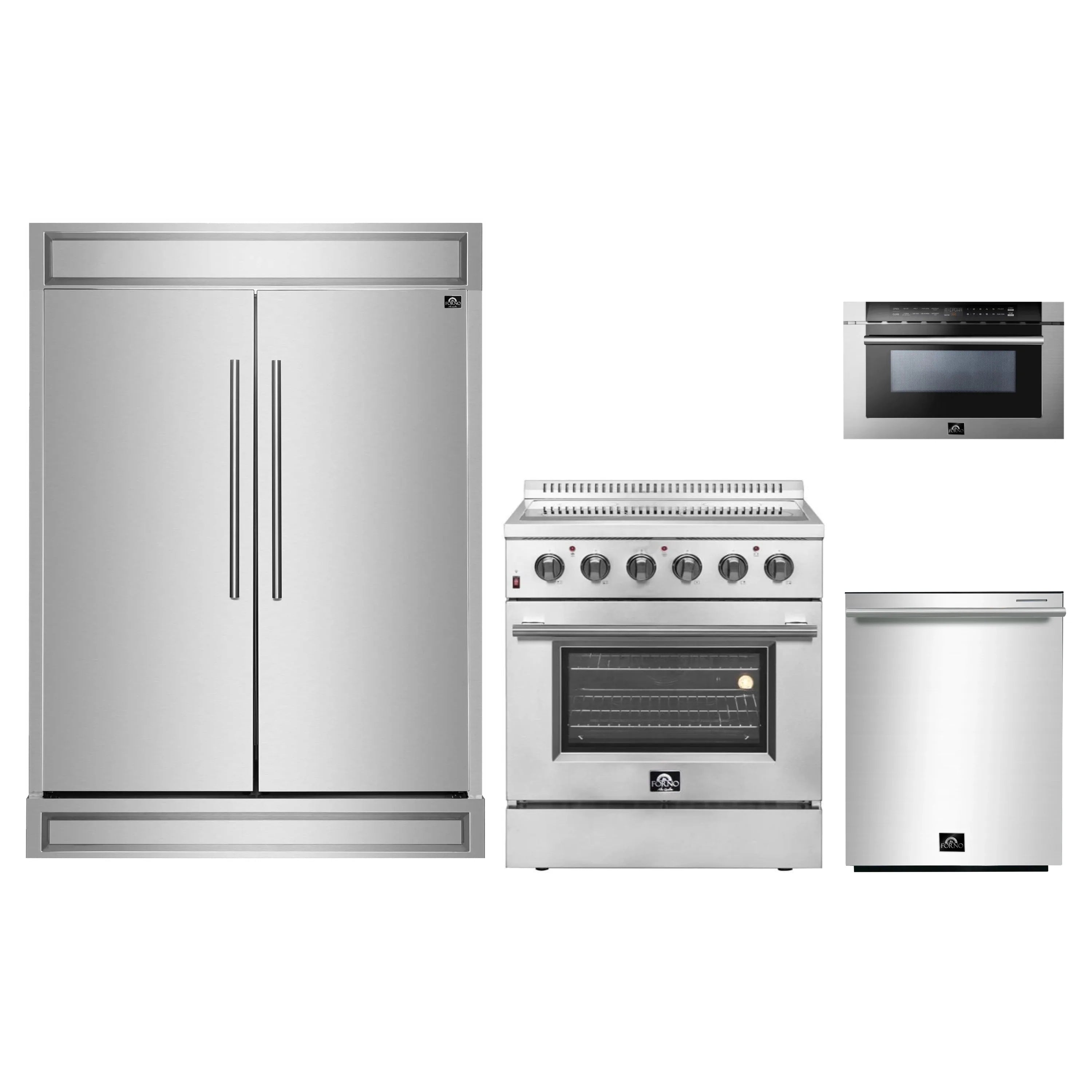 Stainless steel refrigerator, electric range, and dishwasher with built-in microwave above