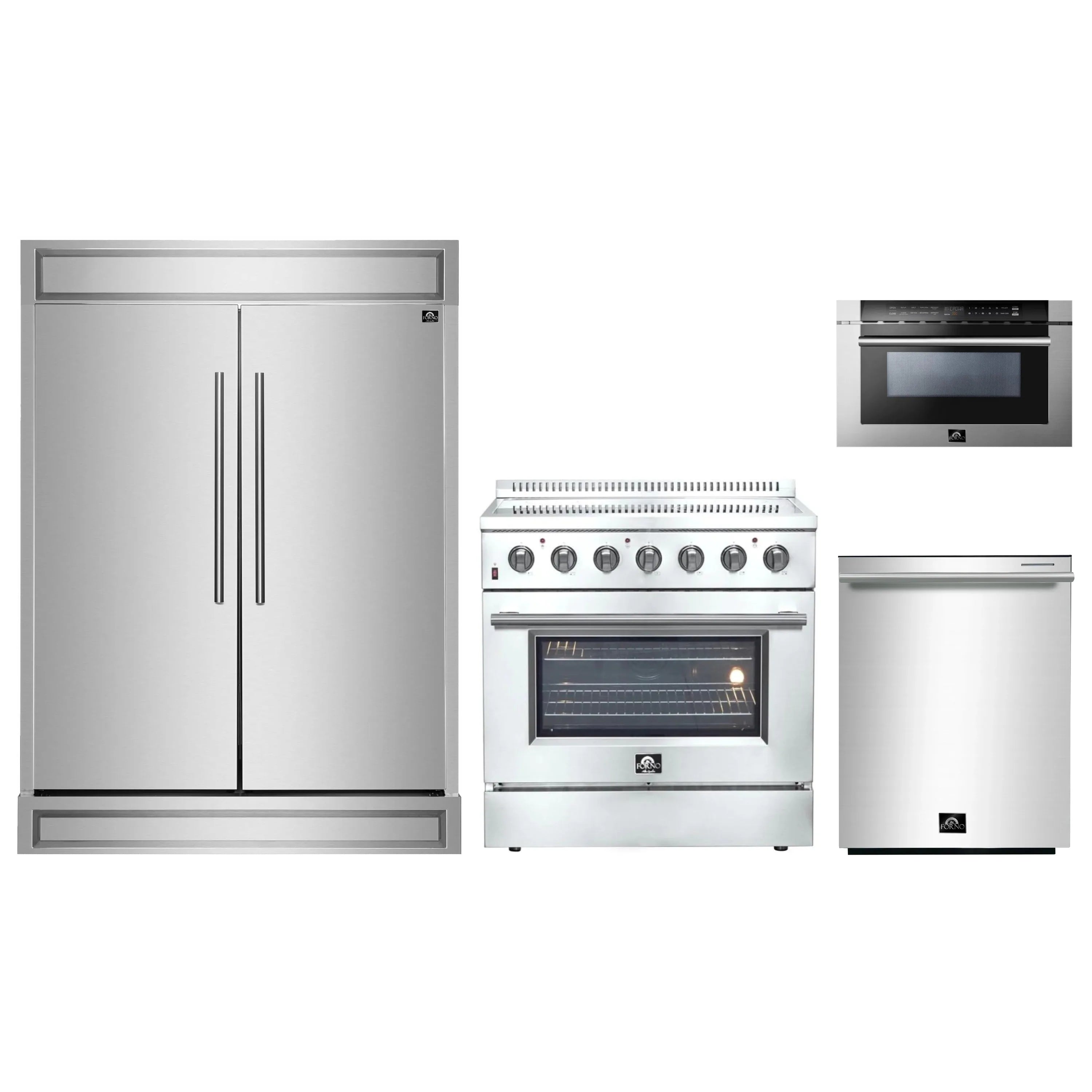 Stainless steel kitchen appliance set with refrigerator, range, dishwasher, and microwave