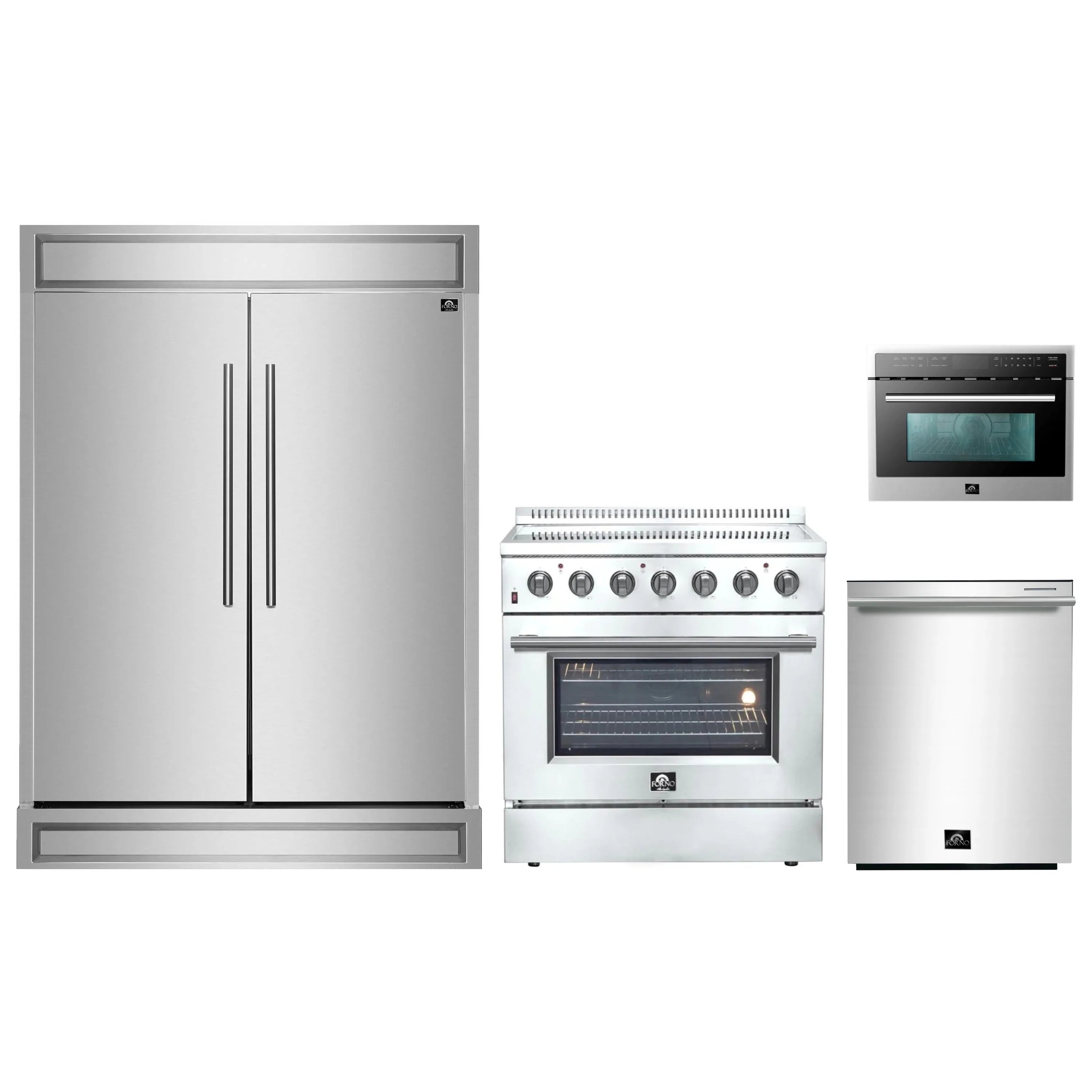 Stainless steel refrigerator, electric range, dishwasher, and microwave oven set