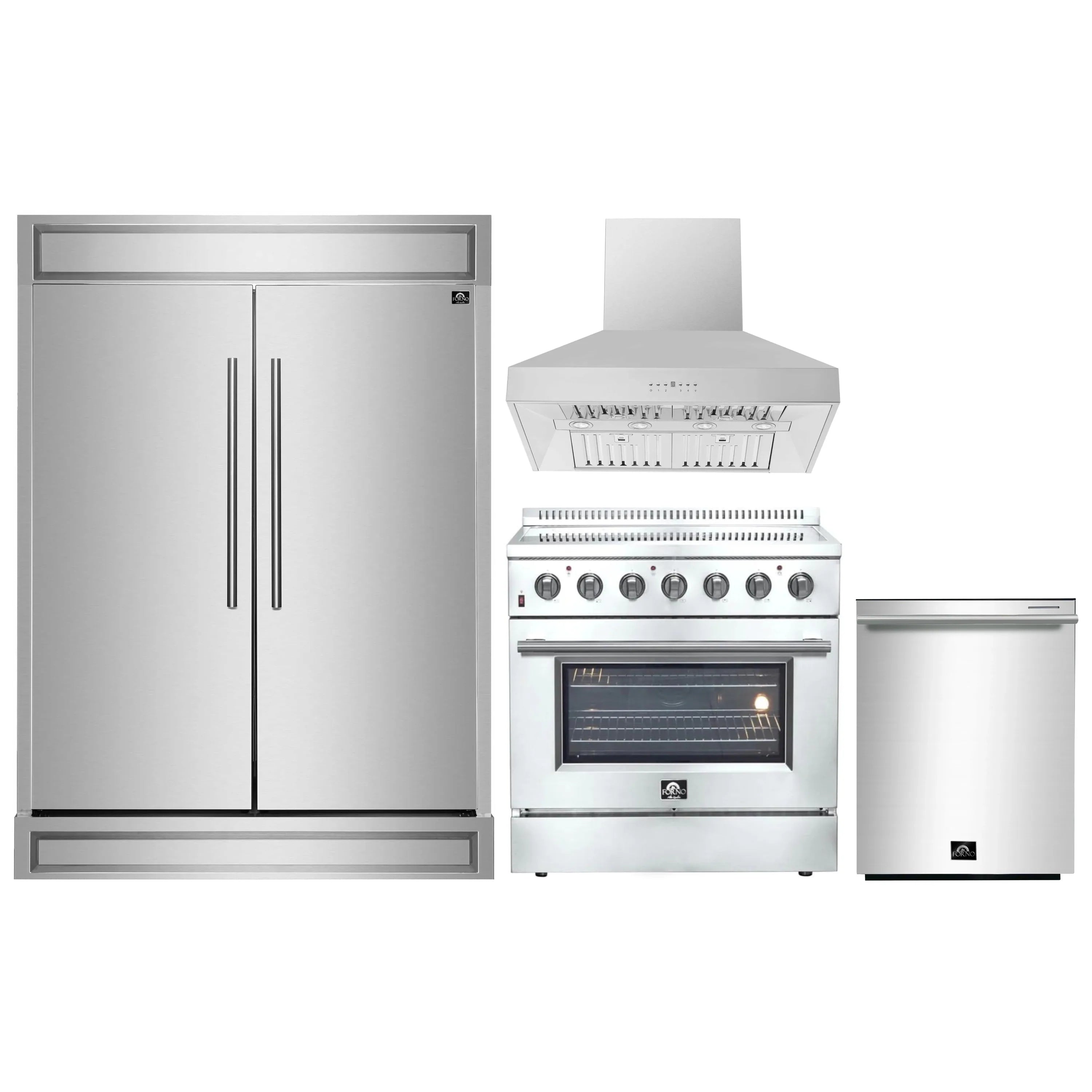 Kitchen appliance set with refrigerator, electric range, range hood, and dishwasher