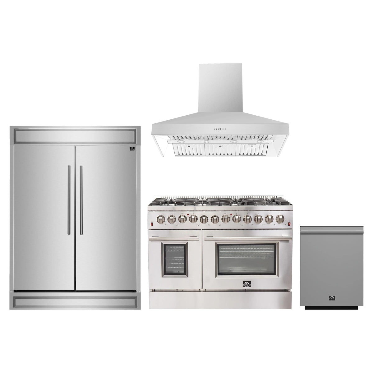 Forno 4-Piece Appliance Package - 48-Inch Dual Fuel Range, 60-Inch Pro-Style Refrigerator, Wall Mount Hood, & 3-Rack Dishwasher in Stainless Steel
