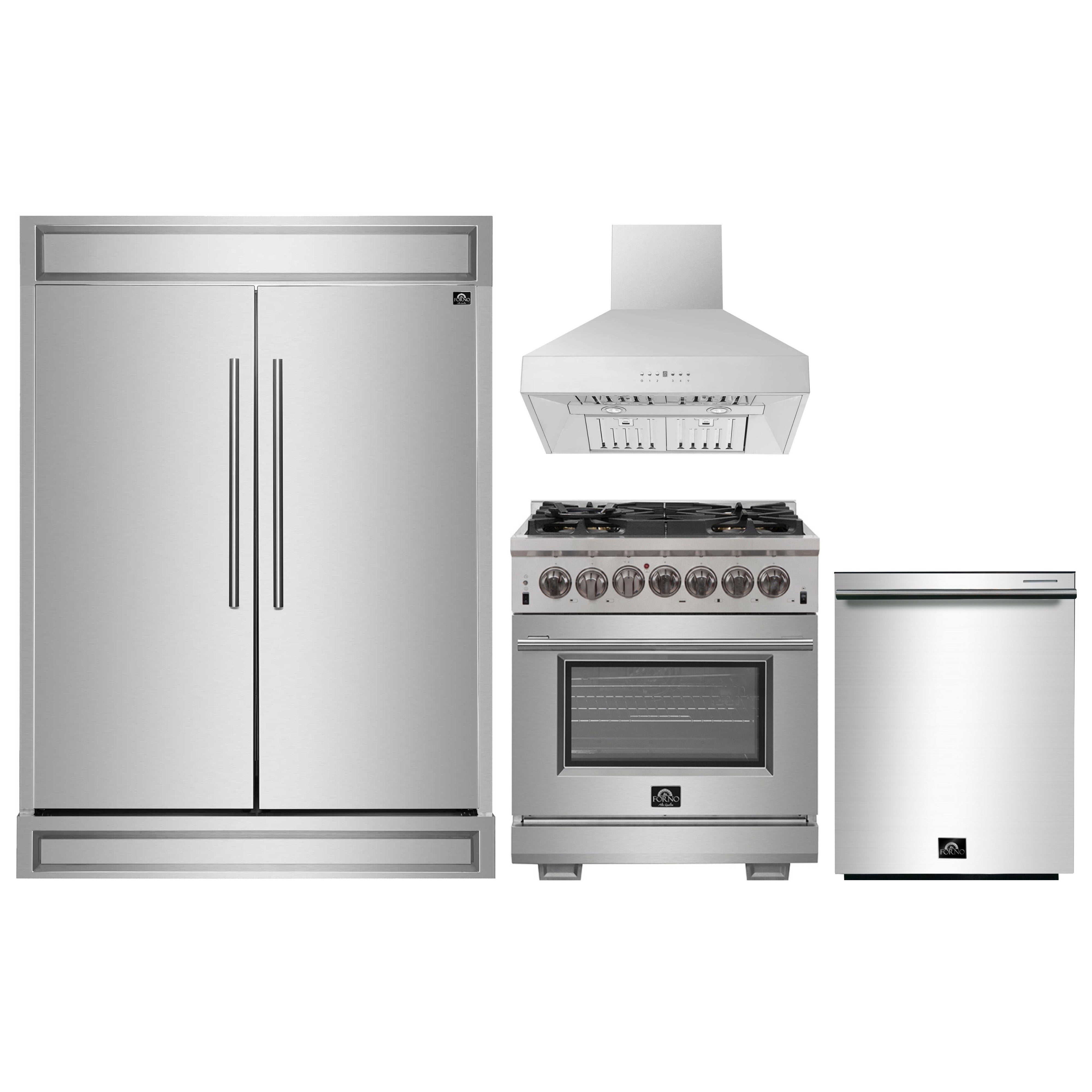 Stainless steel appliance set with refrigerator, range, and wall mount hood