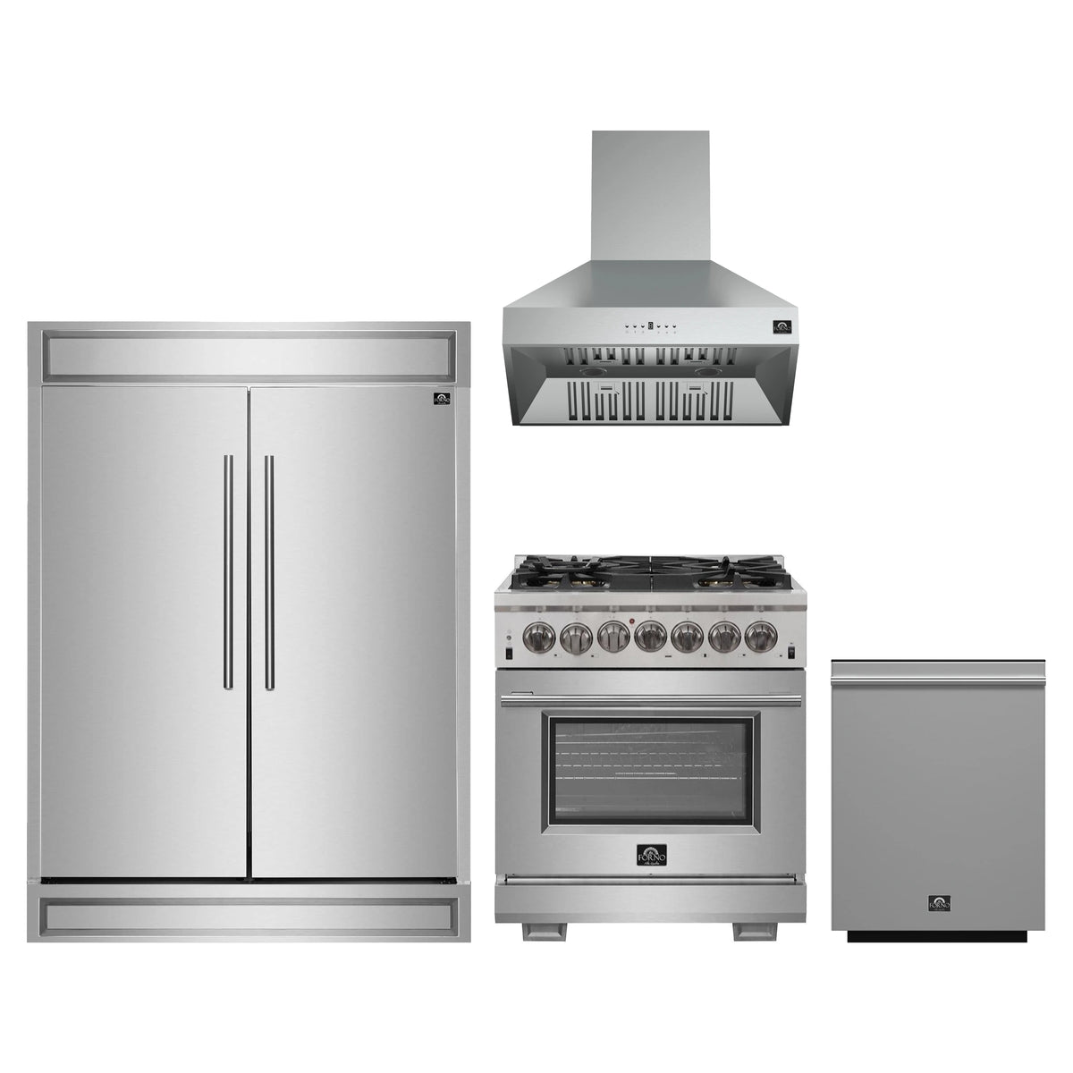 Forno 4-Piece Pro Appliance Package - 30-Inch Dual Fuel Range, 60-Inch Pro-Style Refrigerator, Wall Mount Hood, & 3-Rack Dishwasher in Stainless Steel
