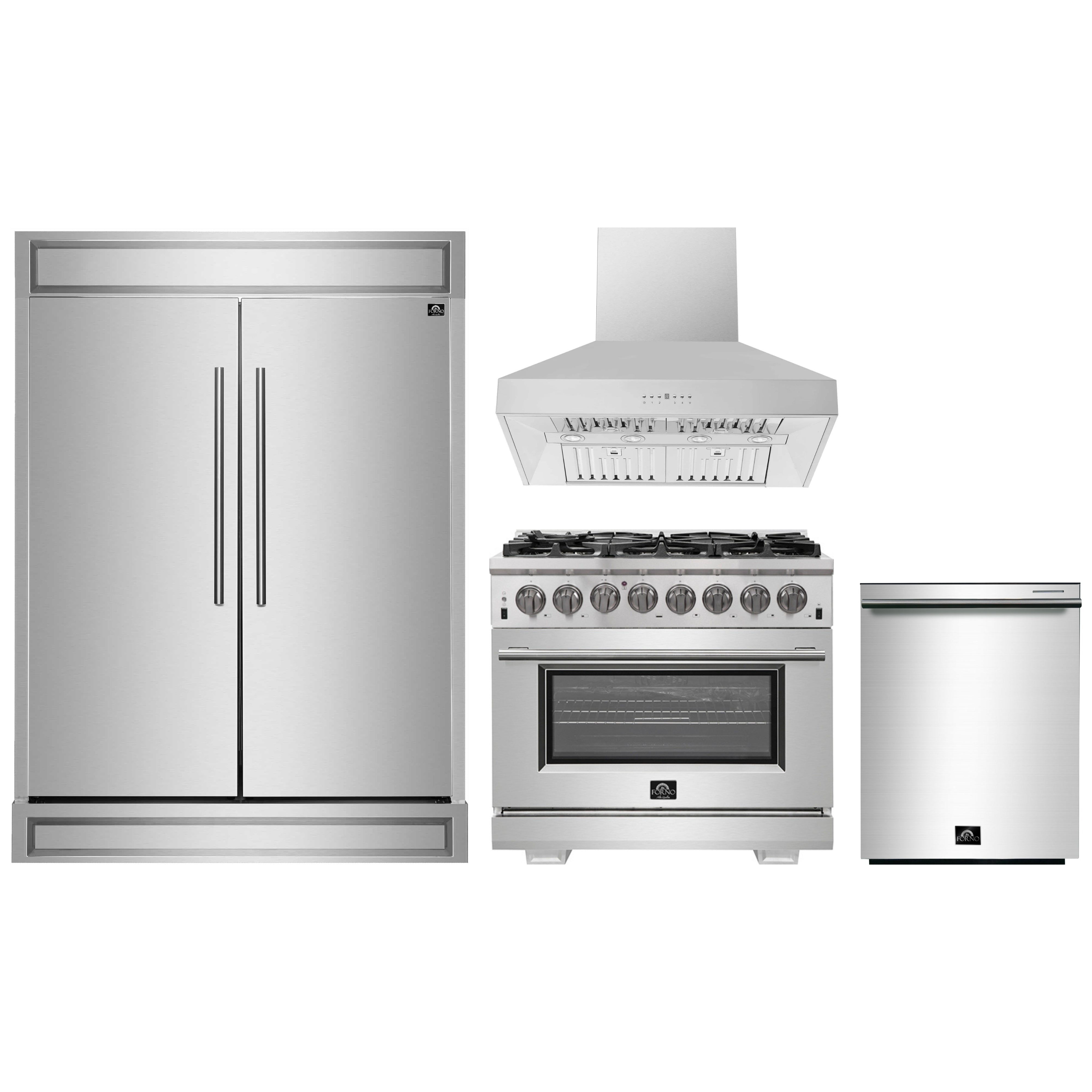 Kitchen appliance set: stainless fridge, dual-fuel range, wall hood, and dishwasher