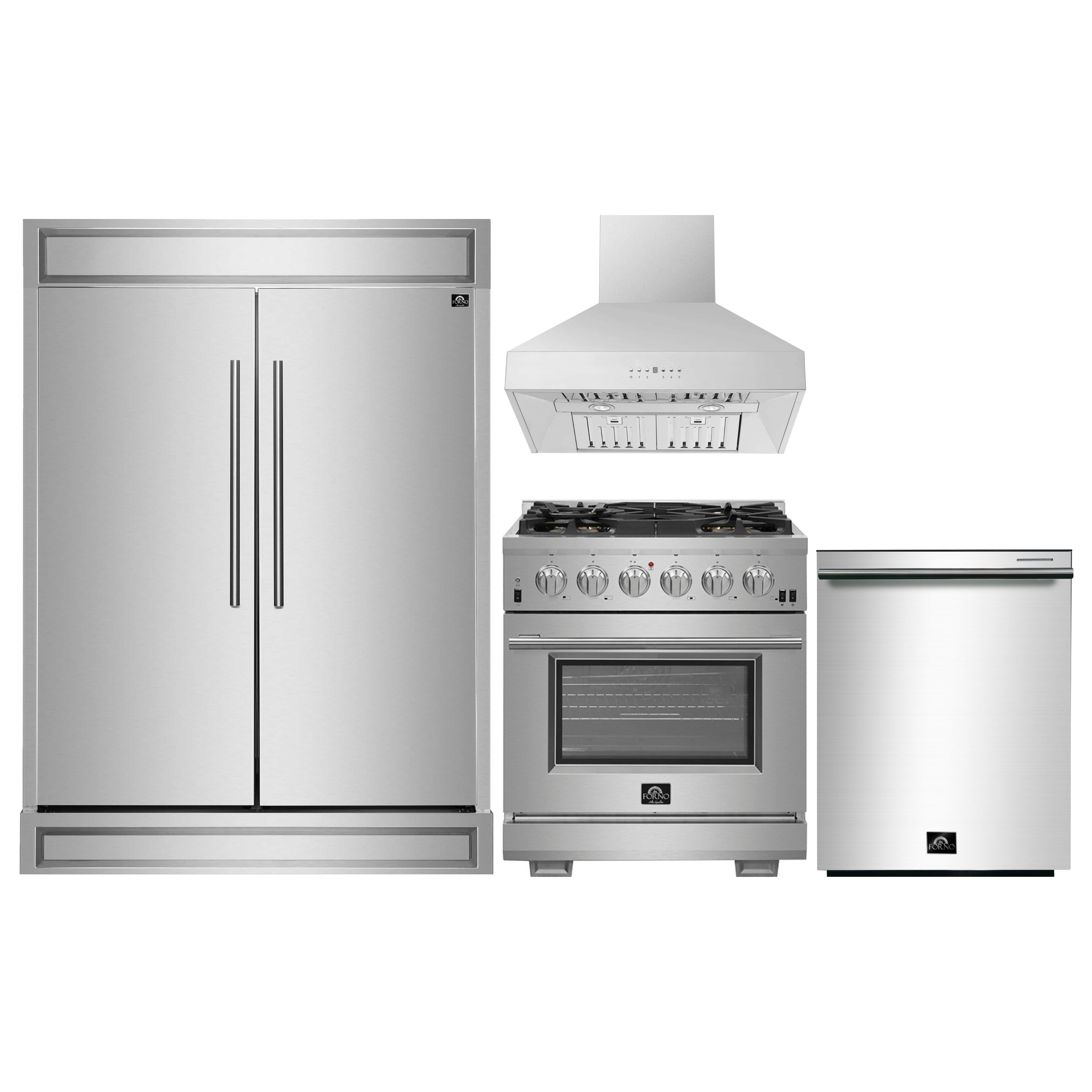 Four-piece kitchen appliance set with refrigerator, gas range, oven, and wall hood