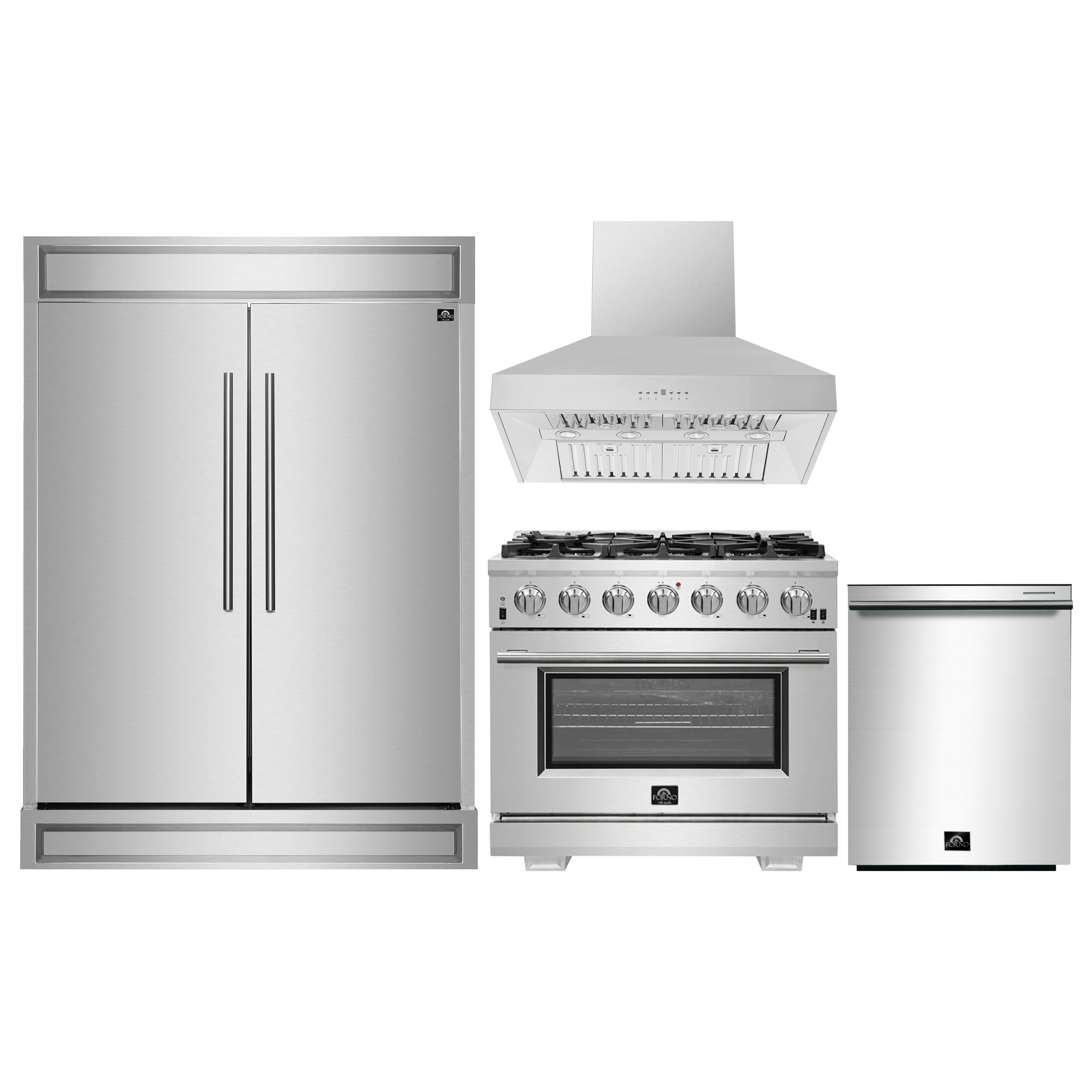 Stainless steel appliance bundle: refrigerator, gas range, wall hood, dishwasher