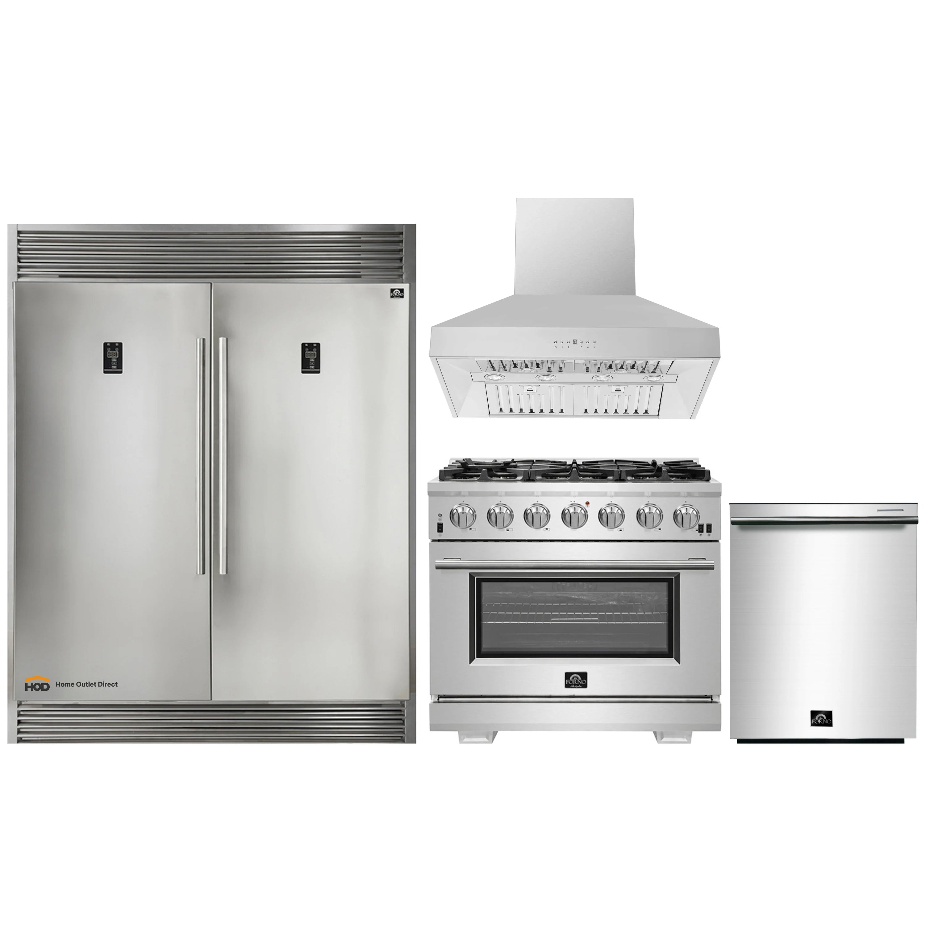 Stainless steel appliance package with refrigerator, gas range, hood, and dishwasher