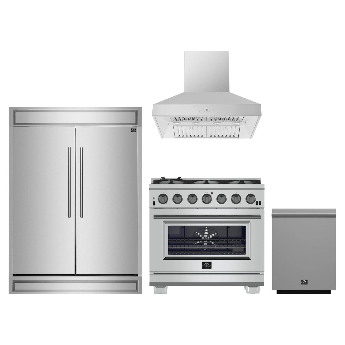 Forno 4-Piece Pro Appliance Package - 36-Inch Gas Range, 60-Inch Pro-Style Refrigerator, Wall Mount Hood, & 3-Rack Dishwasher in Stainless Steel
