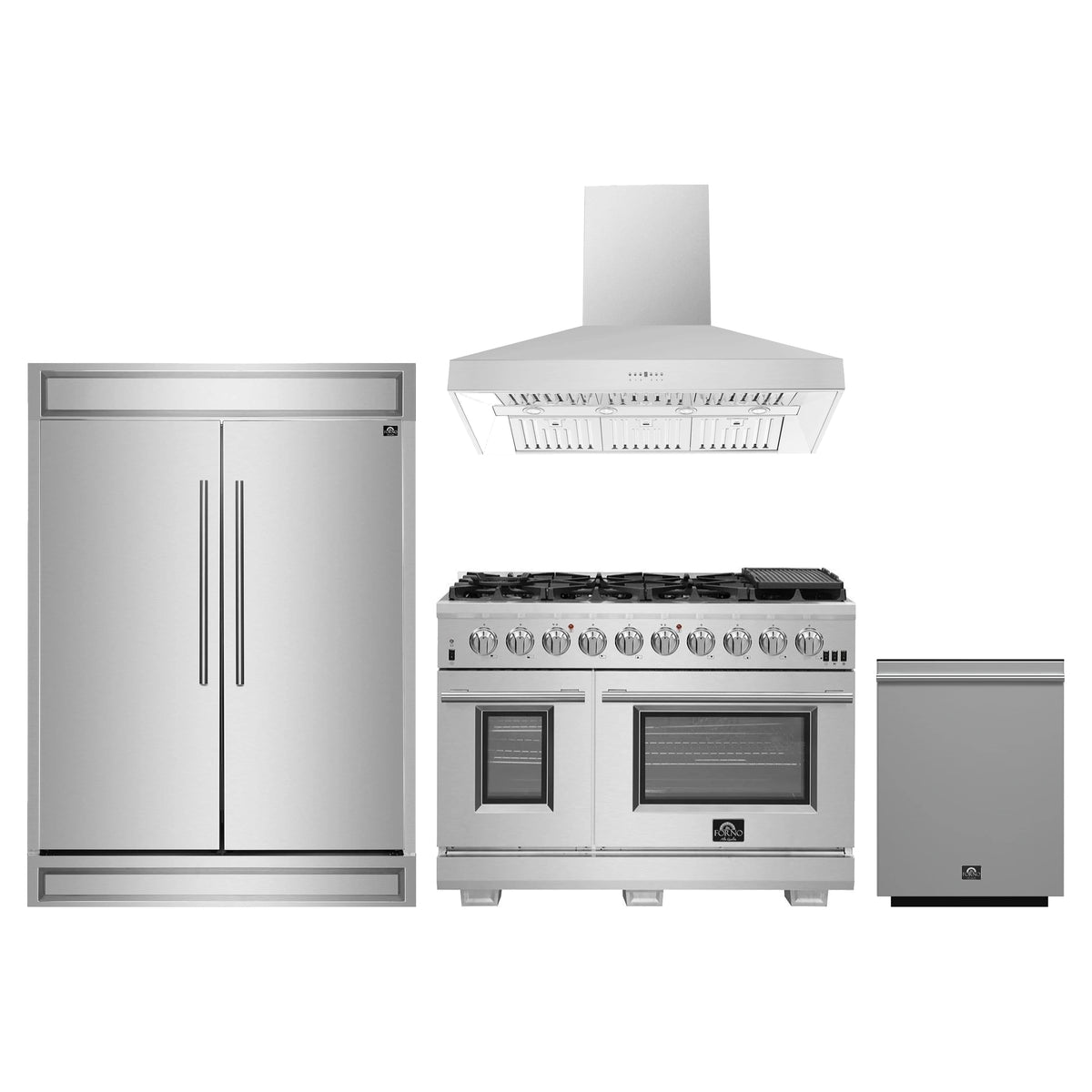 Forno 4-Piece Pro Appliance Package - 48-Inch Gas Range, 60-Inch Pro-Style Refrigerator, Wall Mount Hood, & 3-Rack Dishwasher in Stainless Steel