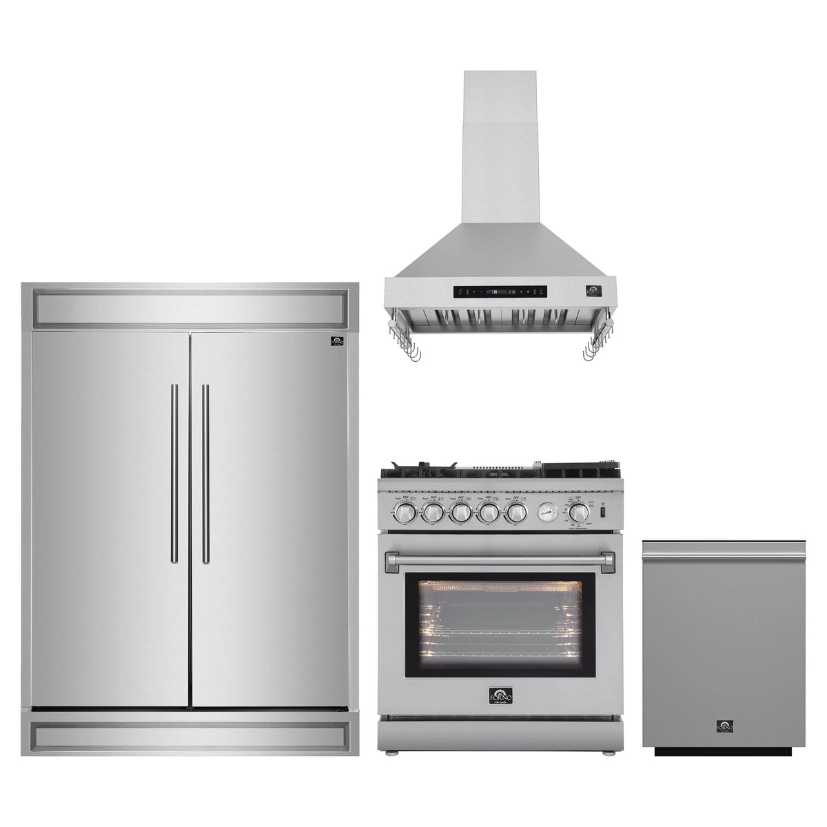 Forno 4-Piece Appliance Package - 30-Inch Gas Range with Air Fryer, 60-Inch Pro-Style Refrigerator, Wall Mount Hood, & 3-Rack Dishwasher in Stainless Steel