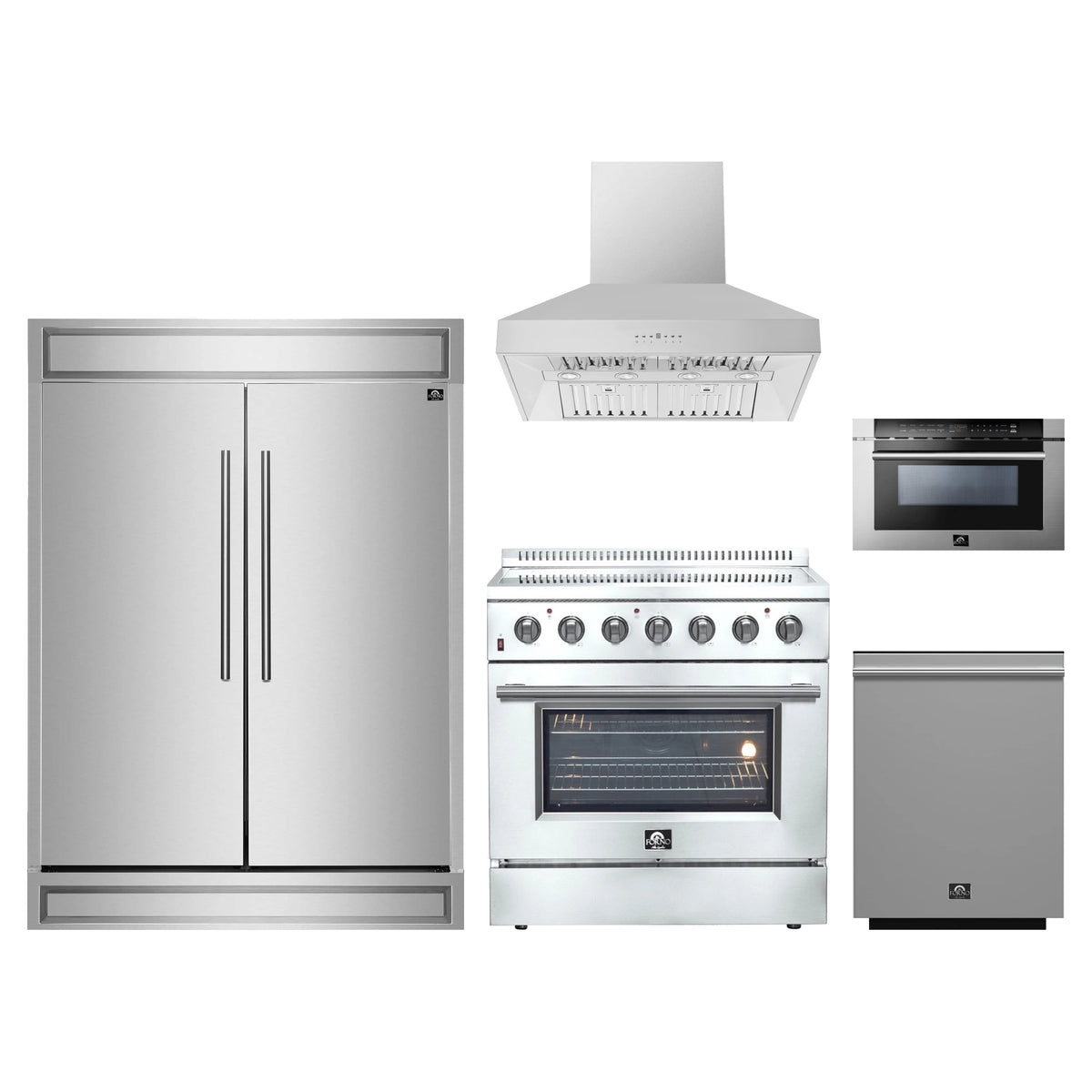 Forno 5-Piece Appliance Package - 36-Inch Electric Range, Wall Mount Range Hood, Pro-Style Refrigerator, Dishwasher, and 24-Inch Microwave Drawer in Stainless Steel