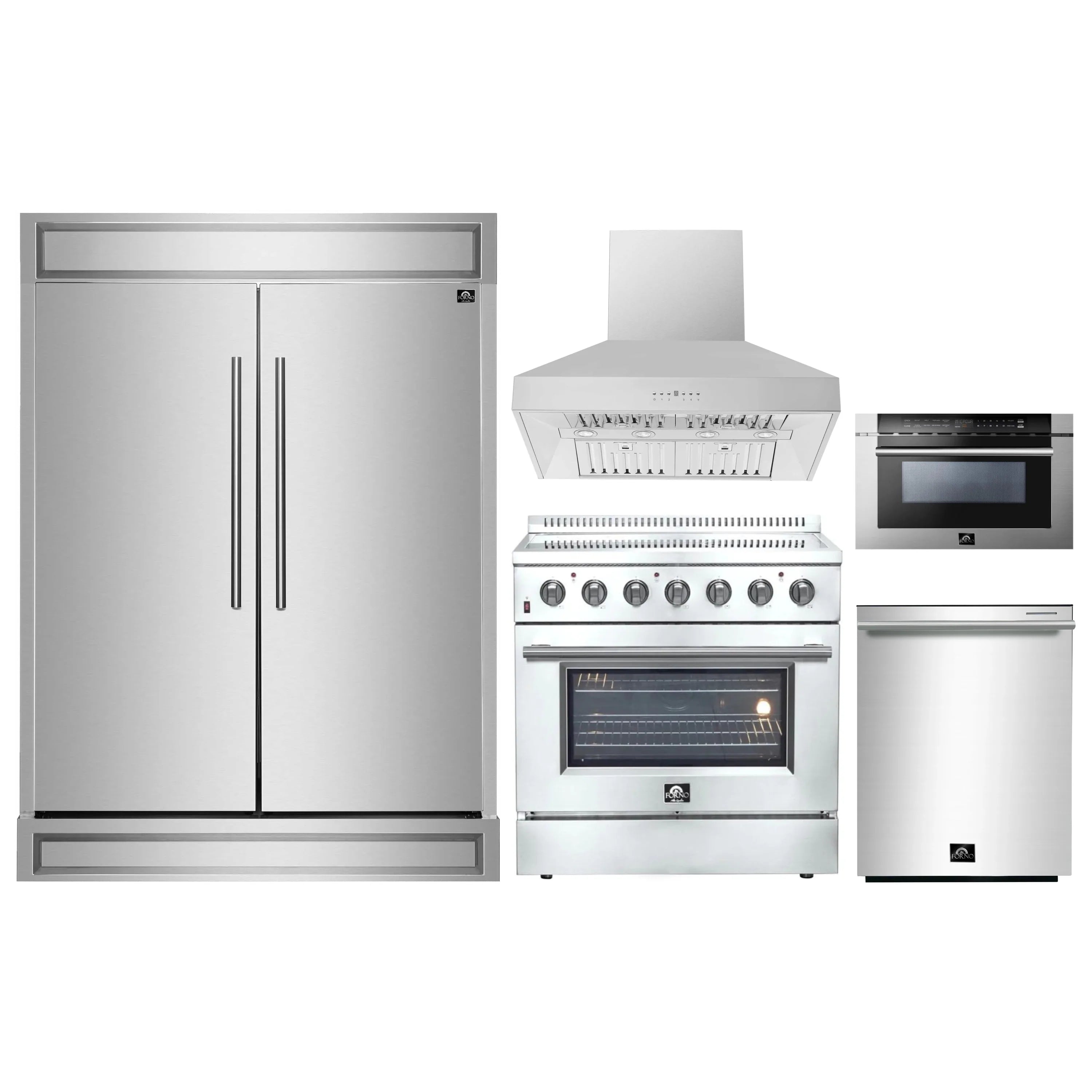 Stainless steel appliance set with refrigerator, electric range, and microwave oven