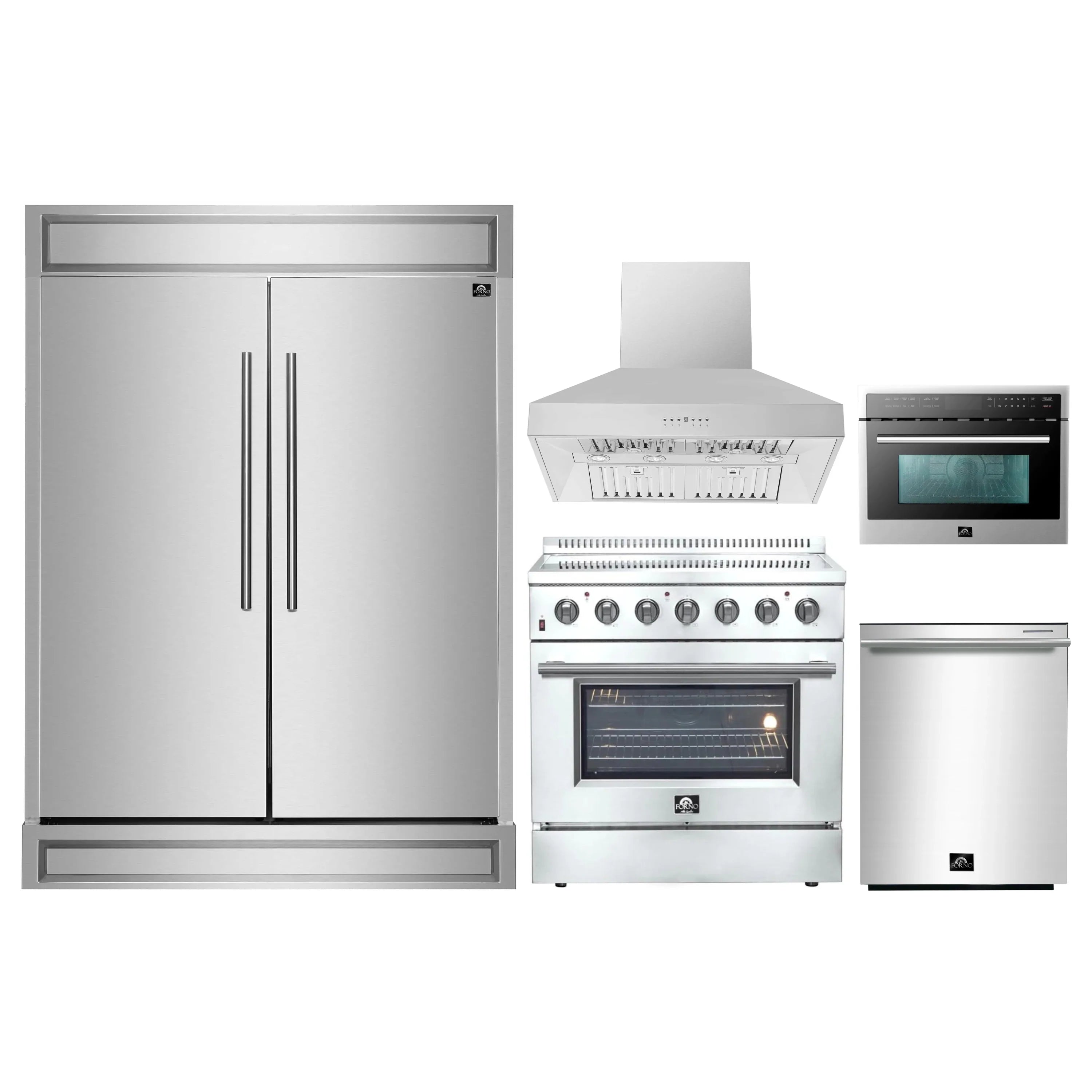Stainless kitchen appliance package with refrigerator, range, hood, and microwave