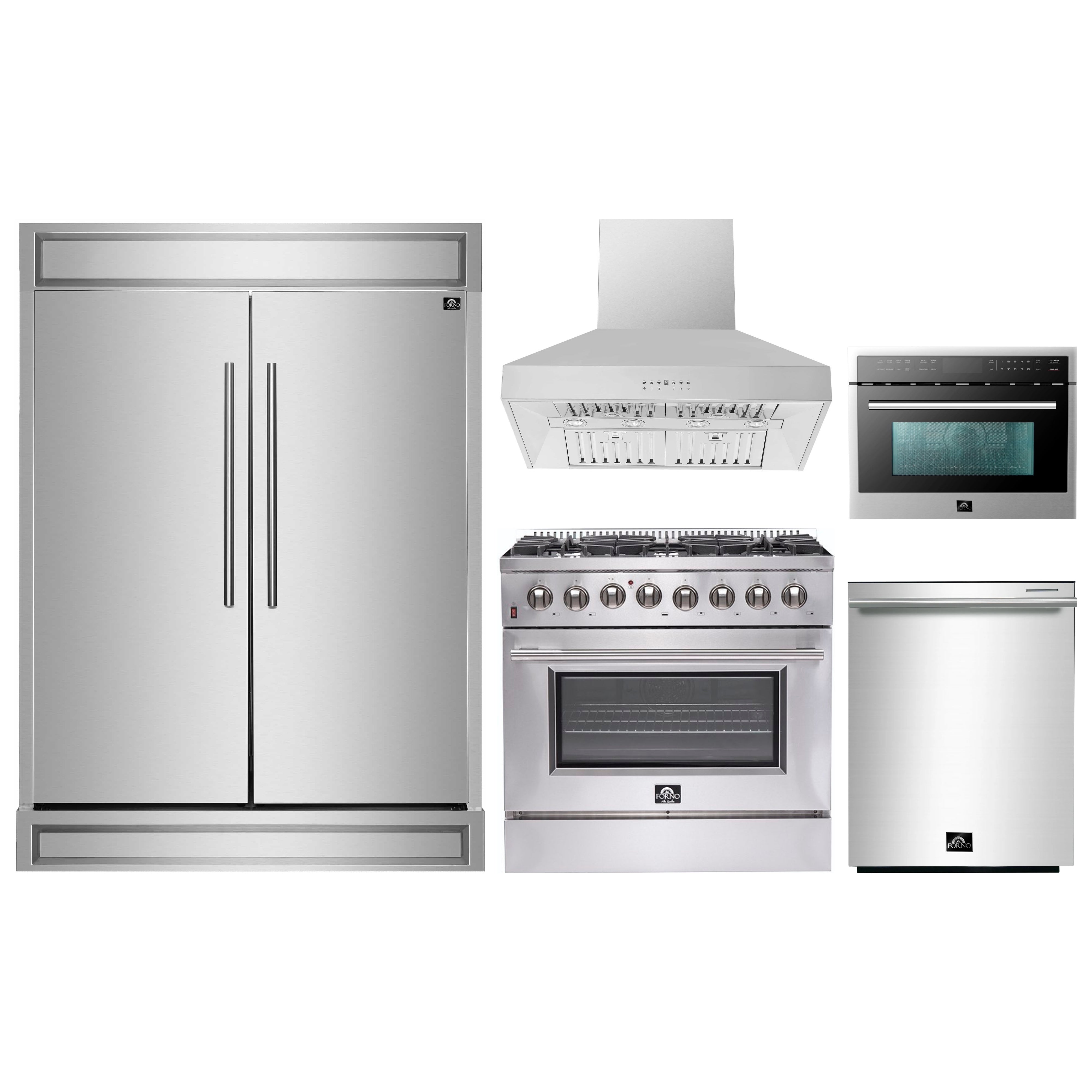 Stainless steel appliance package with refrigerator, dual-fuel range, hood, microwave, dishwasher