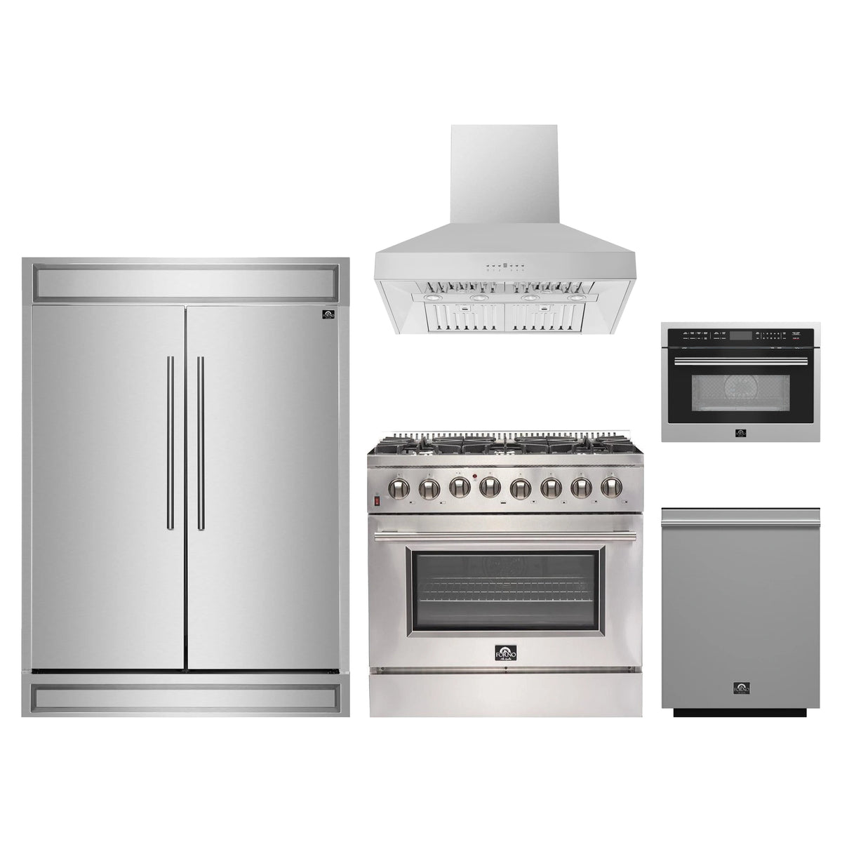 Forno 5-Piece Appliance Package - 36-Inch Dual Fuel Range, 60-Inch Pro-Style Refrigerator, Wall Mount Hood, 24-Inch Microwave Oven, & 3-Rack Dishwasher in Stainless Steel