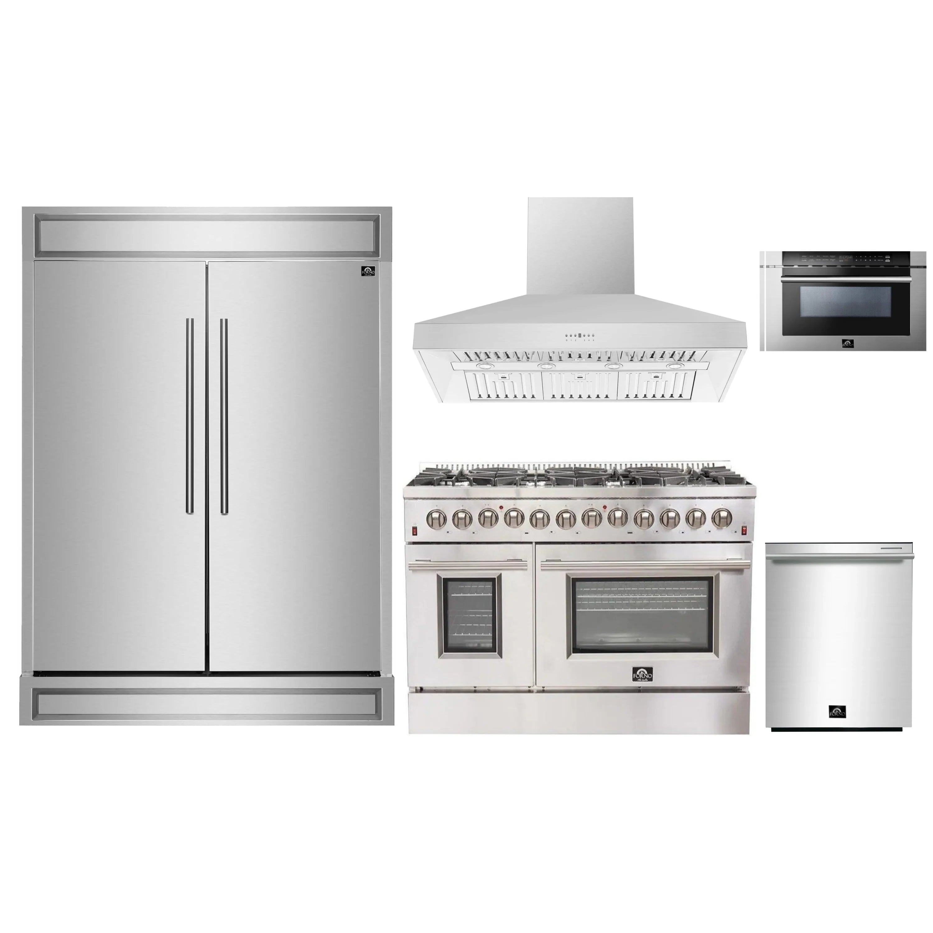 Stainless steel appliance package set with refrigerator, hood, range, microwave, dishwasher