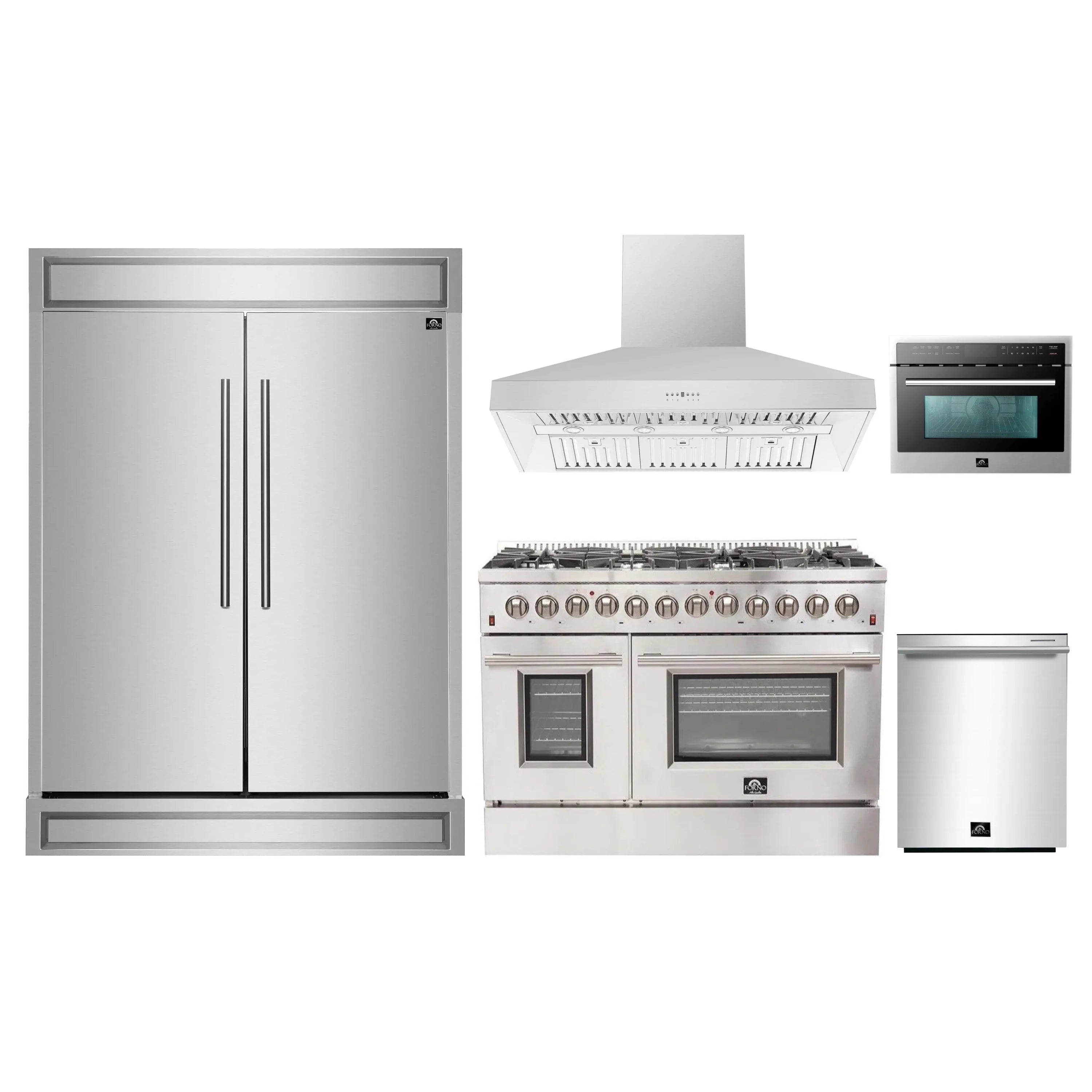 Stainless steel 5-piece appliance package: range, hood, refrigerator, microwave, dishwasher.